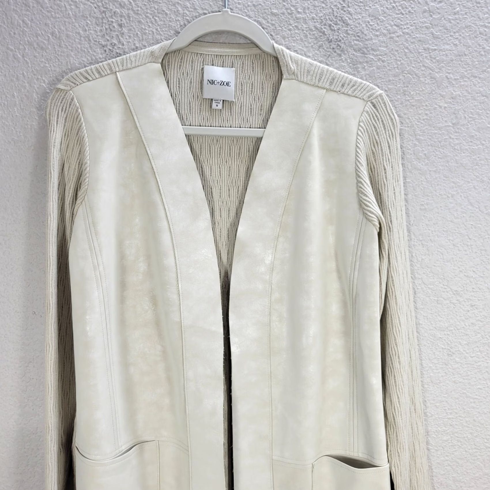 NIC+ZOE Women’s Nic+Zoe Beige Ribbed Faux Leather Long Open Front Cardigan Sz S Size S / US 4 / IT 40 - 4 Thumbnail