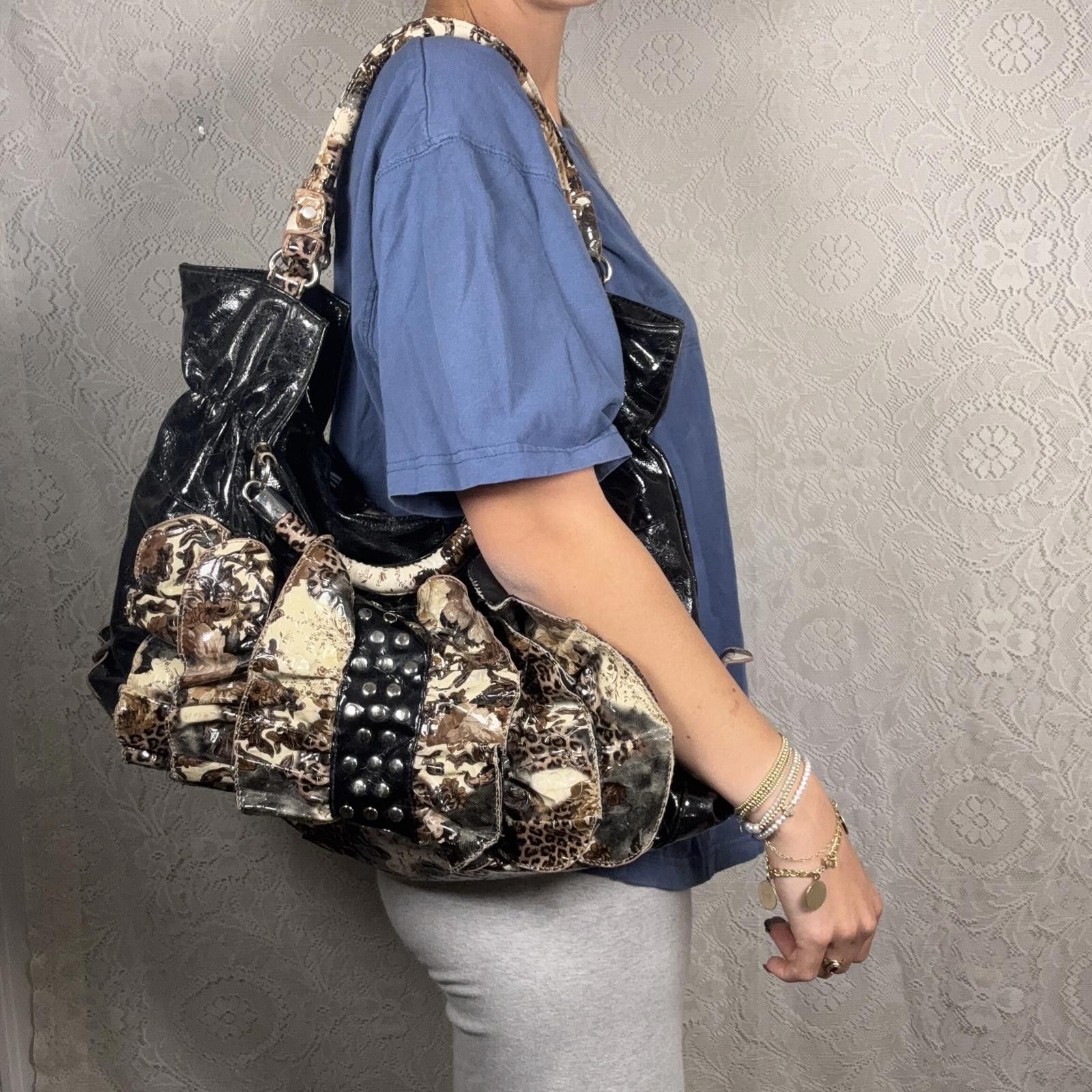 y2k large studded ruffle leather shoulder bag purse