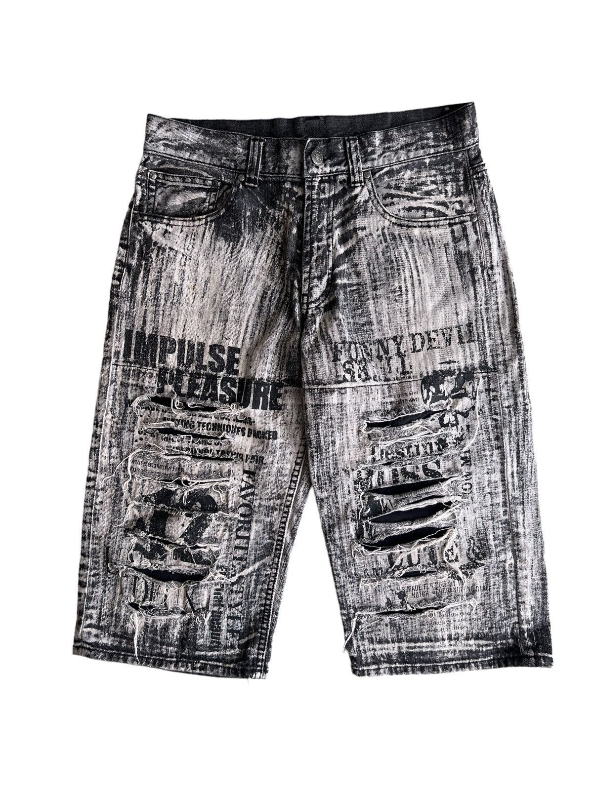 Obelisk "Impulse Pleasure" Anarchy Poems Distressed Goth Baggy Jorts Size US 30 / EU 46 - 1 Thumbnail