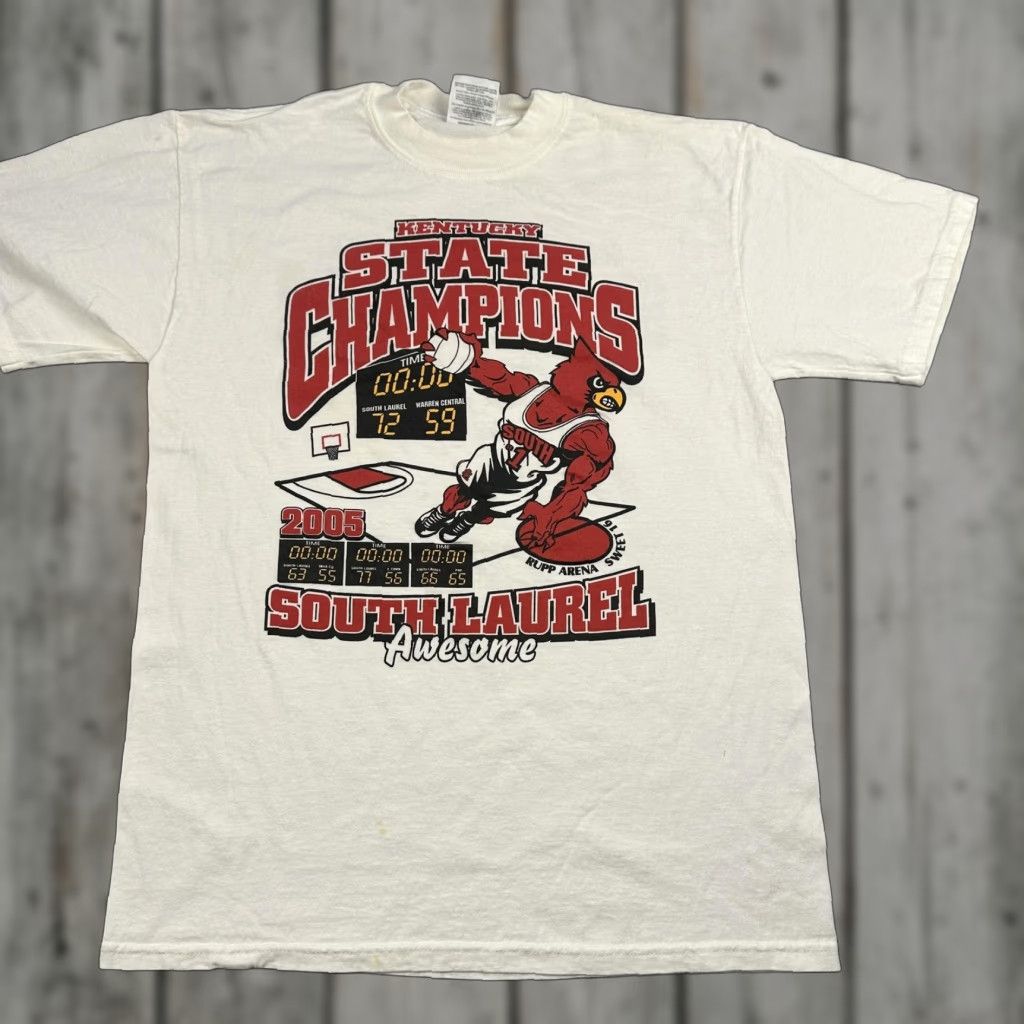 Jerzees VINTAGE South Laurel State Champs Shirt Mens M White Graphic Print 2005 Kentucky State Champions Basketball Size US M / EU 48-50 / 2 - 1 Thumbnail