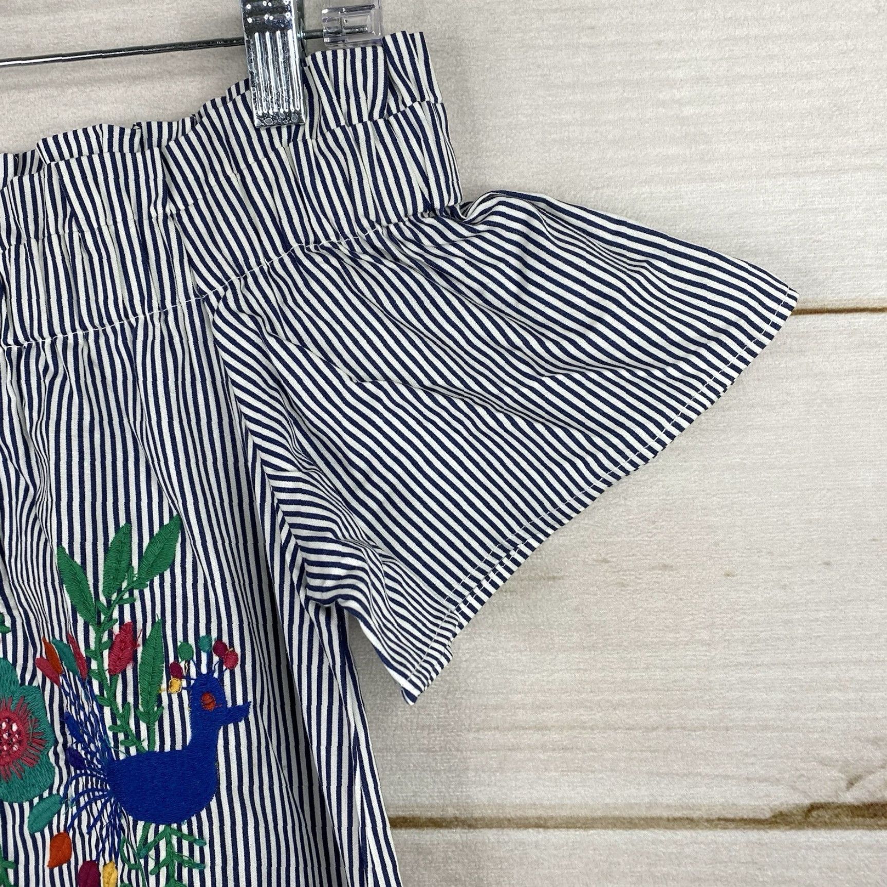 Vintage Judith March Dress S Blue Stripe Embroidered Peasant Off Shoulder Knee Length Boho Floral 100% Cotton Size S / US 4 / IT 40 - 3 Thumbnail