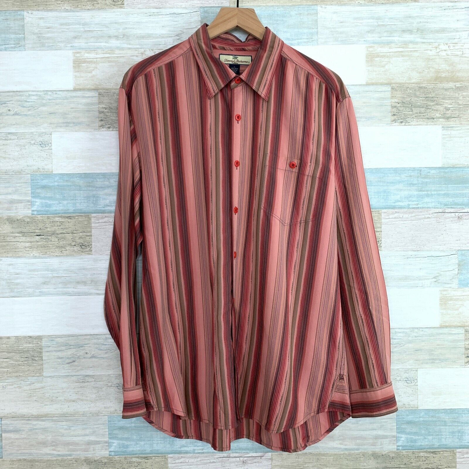 Tommy Bahama Pure Silk Striped Shirt Pink Jacquard Mens L