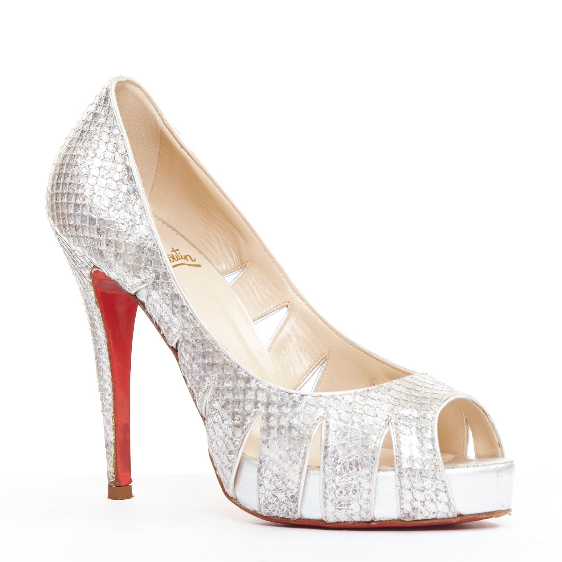 Christian Louboutin CHRISTIAN LOUBOUTIN Fontanete silver scaled leather cut out peep toe stiletto platforms EU37.5 Size US 7.5 / IT 37.5 - 1 Thumbnail