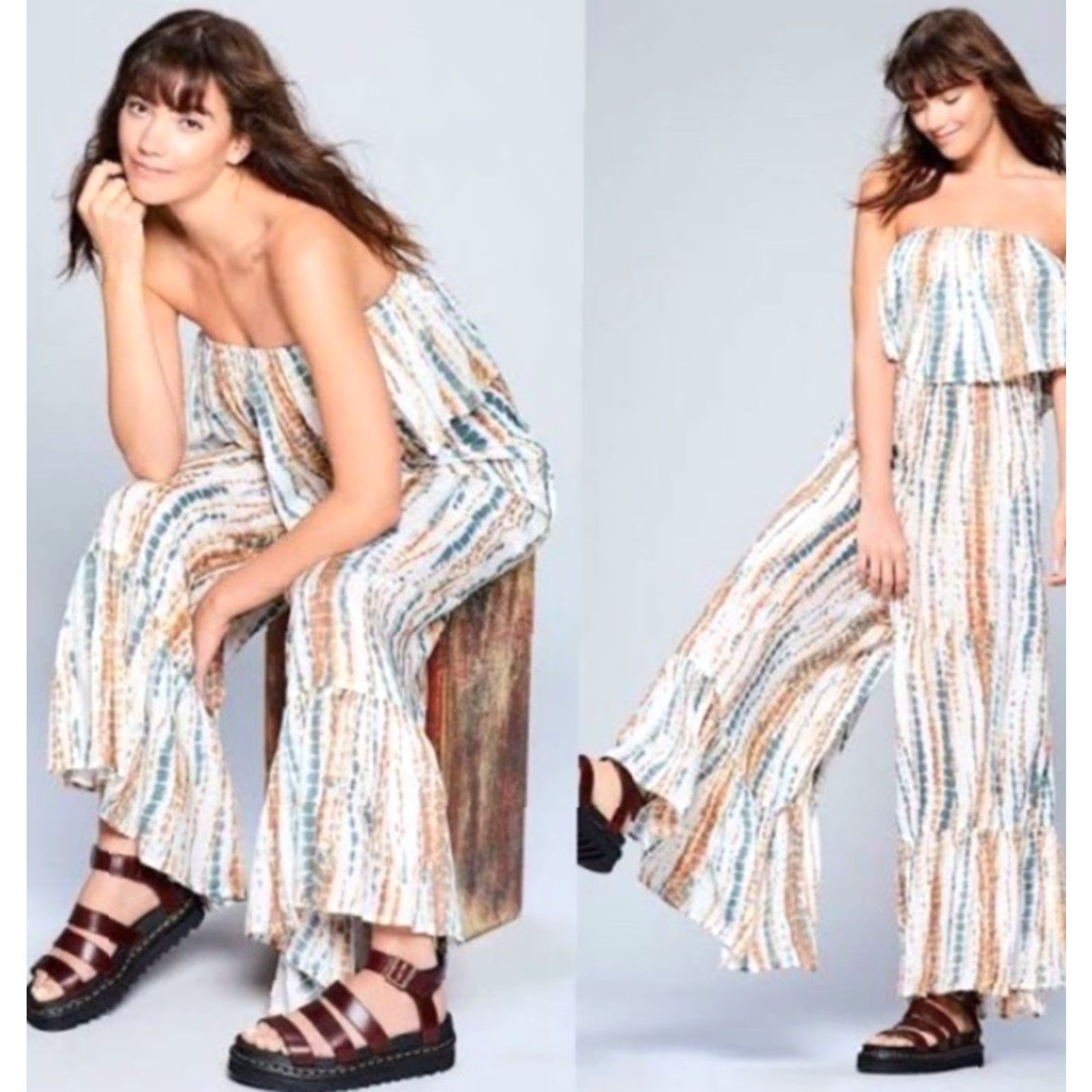 Free People Free People Jumpsuit Women Medium Multicolor Earth Tone Tie-Dye Strapless Cropped Wide-Leg Summer Womens Size 32" / US 10 / IT 46 - 2 Thumbnail