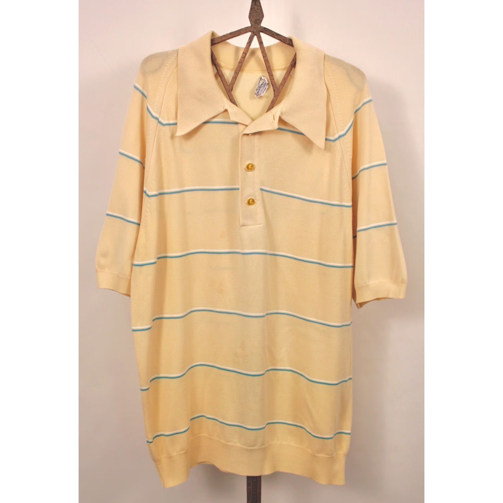 Vintage Ban-Lon Polo Shirt Mens VTG 60s Nylon Yellow Blue Striped Sz L 1960s Polo Shirt Mens Size US L / EU 52-54 / 3 - 2 Thumbnail