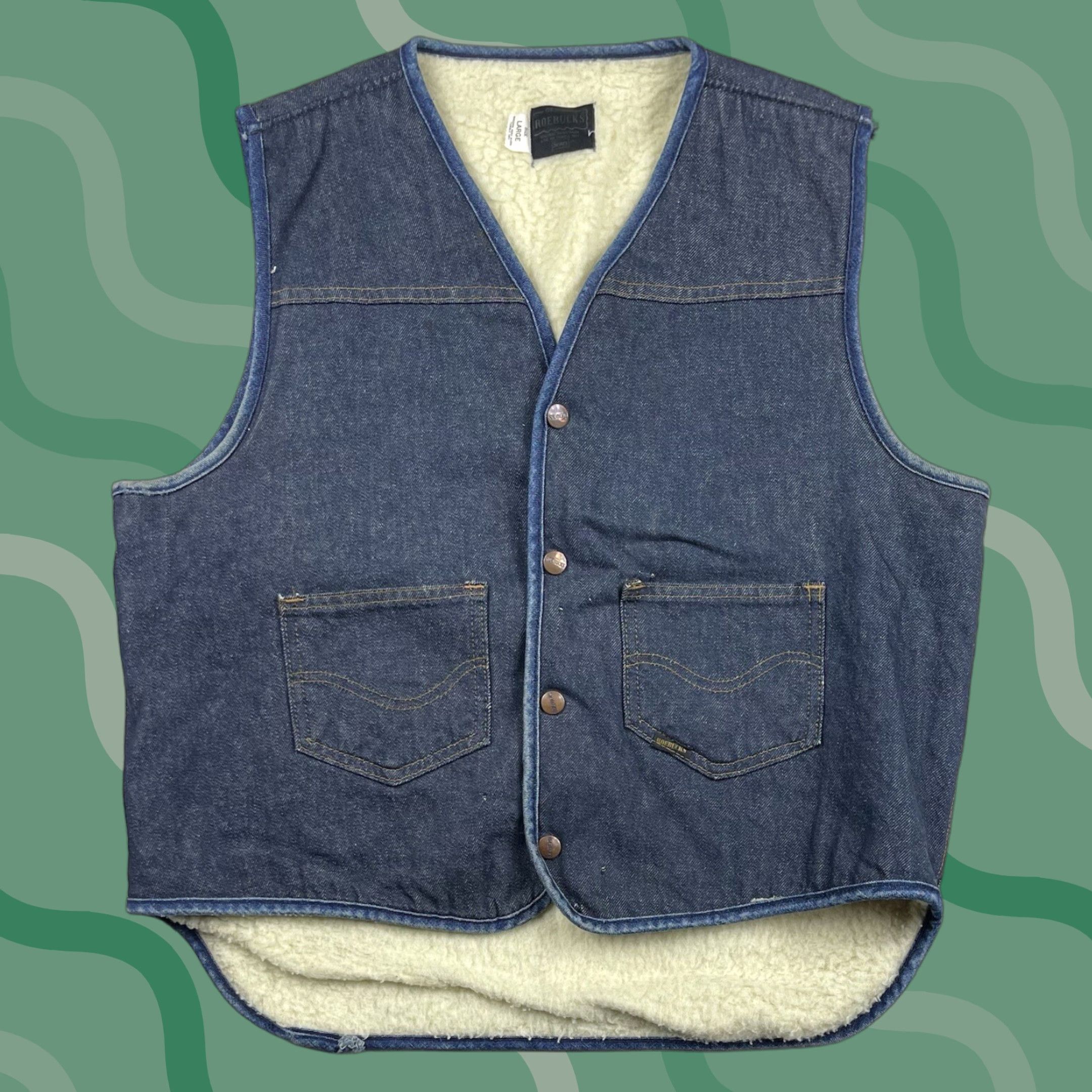Sears VINTAGE Roebucks Denim Vest Sherpa Lined Sz Large Mens Western Cowboy Vest Size US 33 - 1 Thumbnail