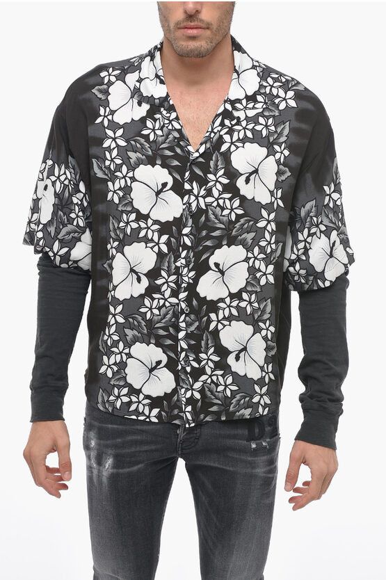 image of Dsquared2 Double-Layered Bowling Shirt With Floral Pattern in Grey, Men's (Size Large)