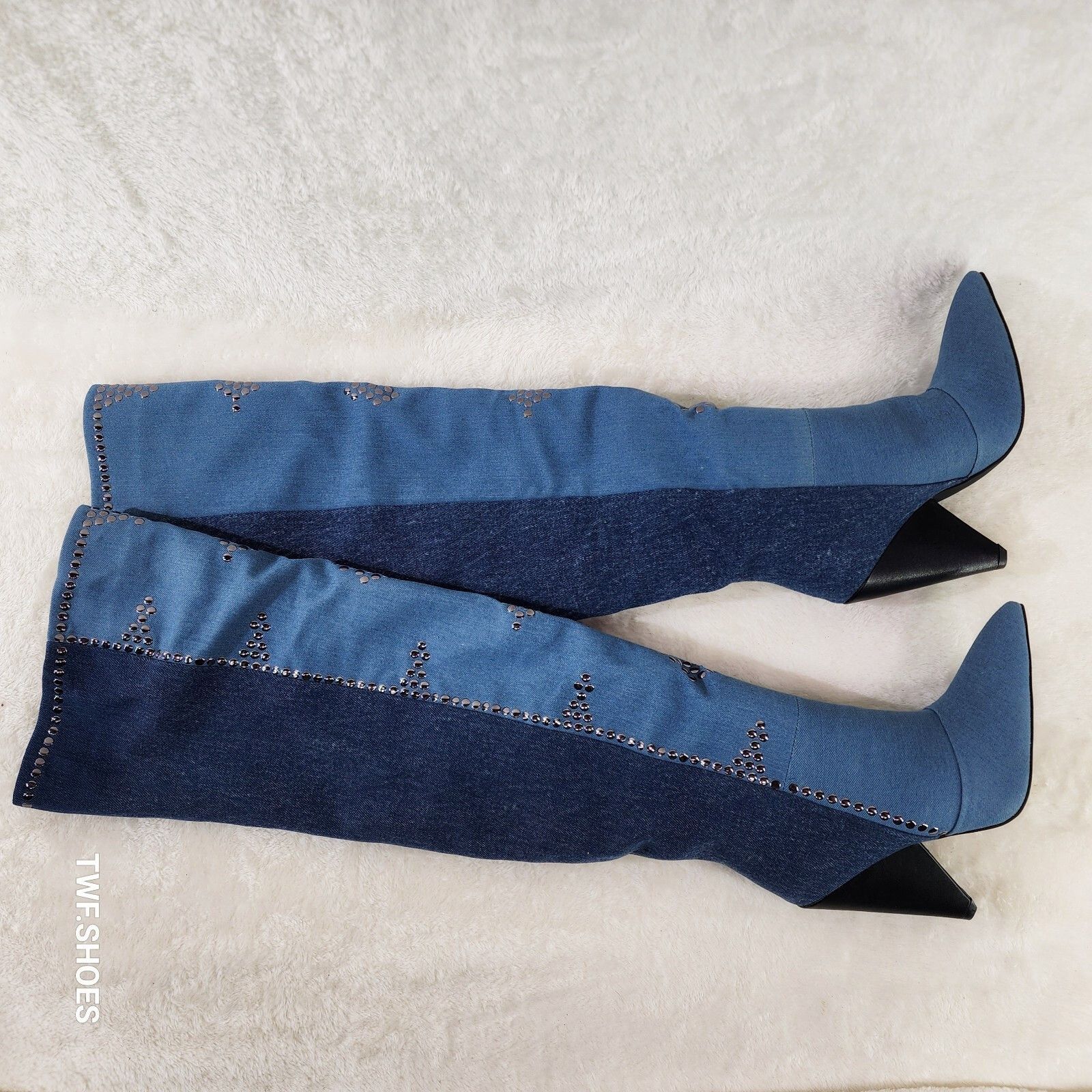 Other Western Flare Denim Boots Cone Heels Button Studs OTK Pull O Size US 6.5 / IT 36.5 - 5 Thumbnail