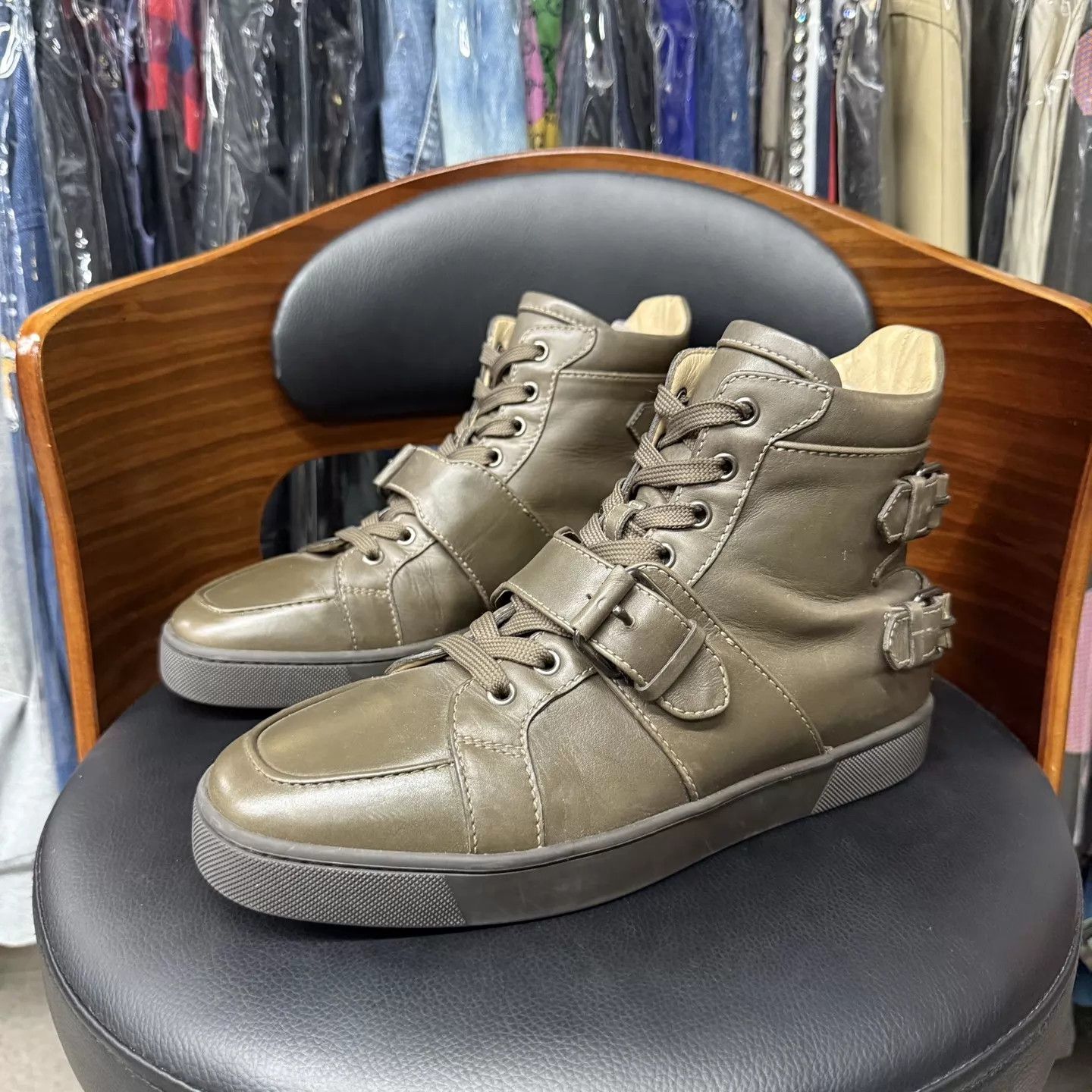 Christian Louboutin Christian Louboutin Olive Leather High-Top Red Sole 41 Mint Size US 8 / EU 41 - 1 Thumbnail