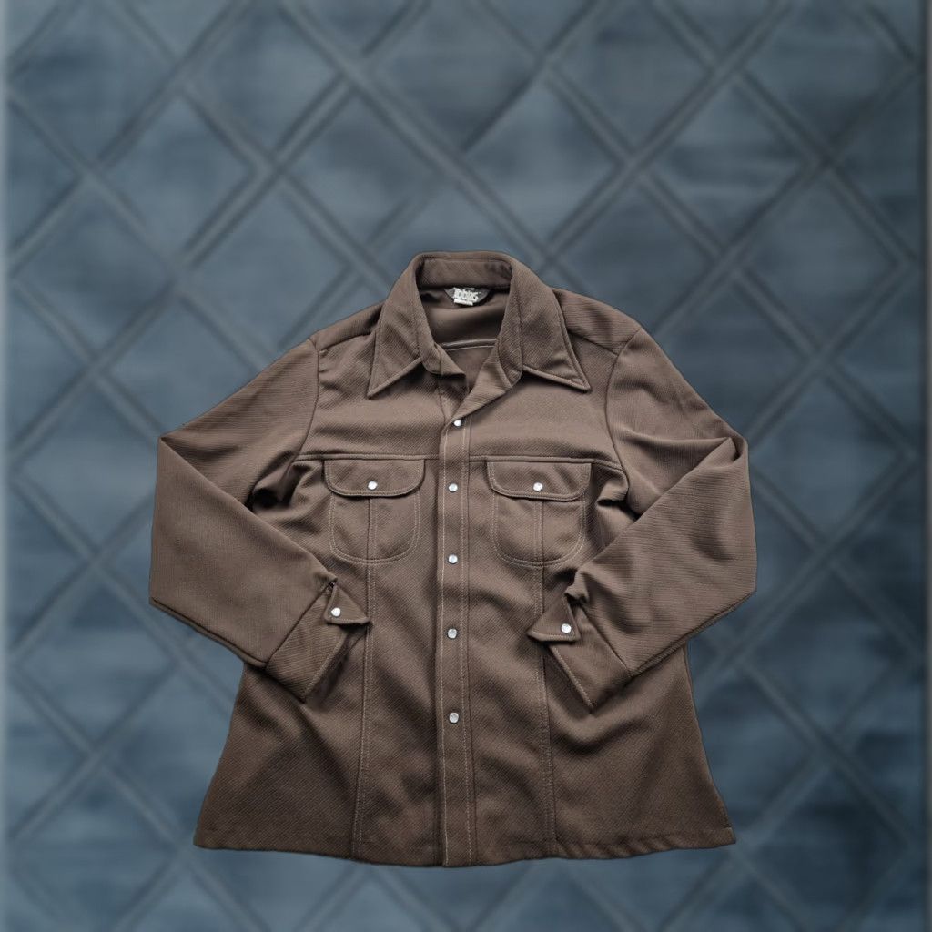 CO VINTAGE Tobias Shirt XL Mens Brown 1970s A-1 Kotzin Co Disco Pearl Snap Button-Front Polyester Jacket Size US XL / EU 56 / 4 - 1 Thumbnail