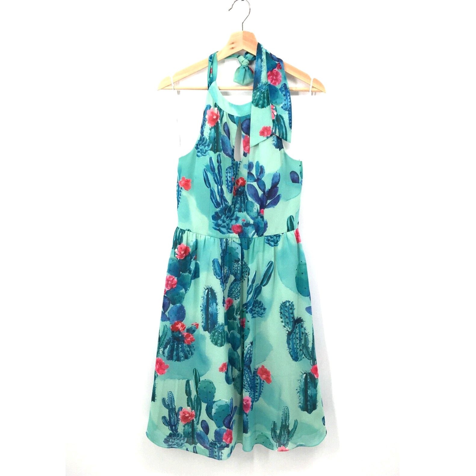 image of Vintage Modcloth Blogger The Better Halter Dress Green Blooming Cactus Floral Retro M in White, Wom