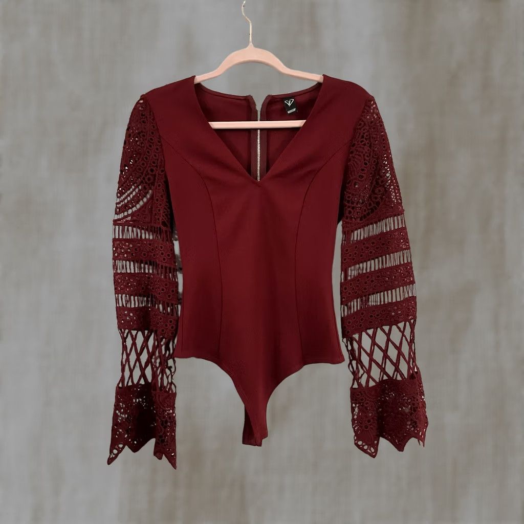 Vintage Windsor Bodysuit Shirt Women S Maroon V-Neck Long Sleeve Zip Slim Camisole 90s Style Size S / US 4 / IT 40 - 1 Thumbnail