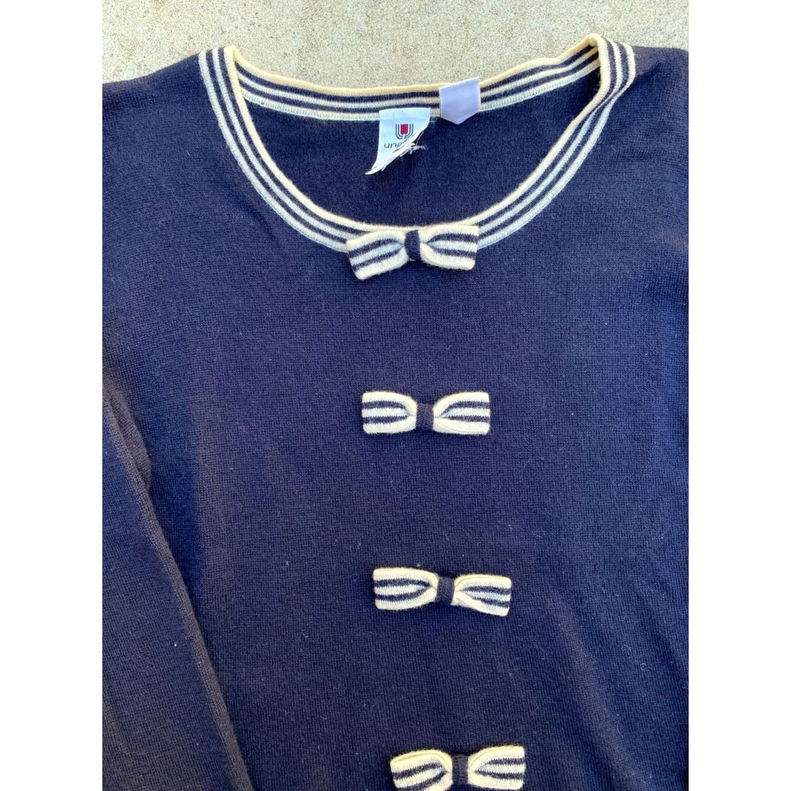 Emanuel Ungaro UNGARO ter Women’s Designer Vintage 80s 90s Pure Wool Bow Pullover Sweater | M Blue Size M / US 6-8 / IT 42-44 - 2 Thumbnail