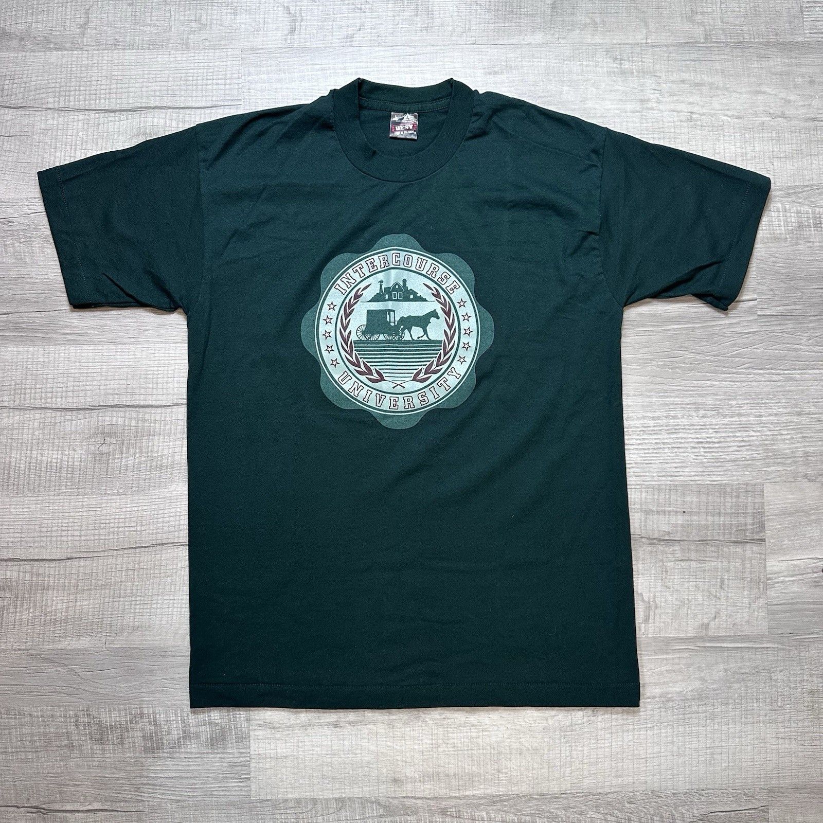 Fruit Of The Loom Vtg Intercourse University Single Stitch Tee Large Green Size US L / EU 52-54 / 3 - 1 Thumbnail