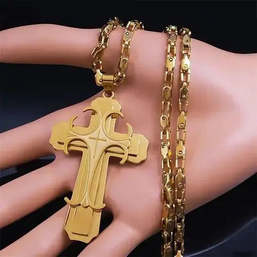 Jewelry Big Cross Jesus Necklace Gold Color Size ONE SIZE - 2 Thumbnail