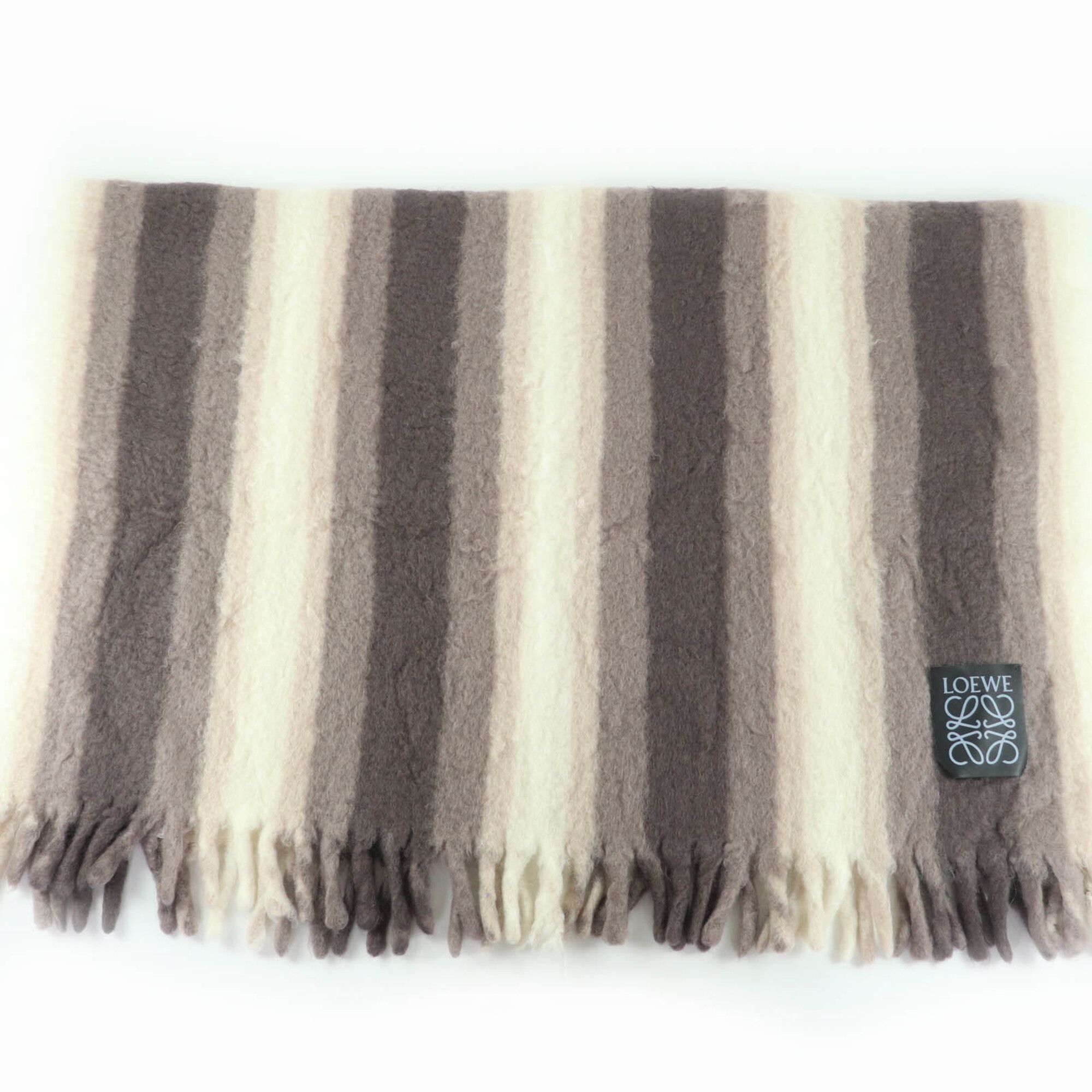 LOEWE Mohair Wool Anagram Fringe Large Blanket/Throw, Brown, Made in Spain, Authentic, Women's
