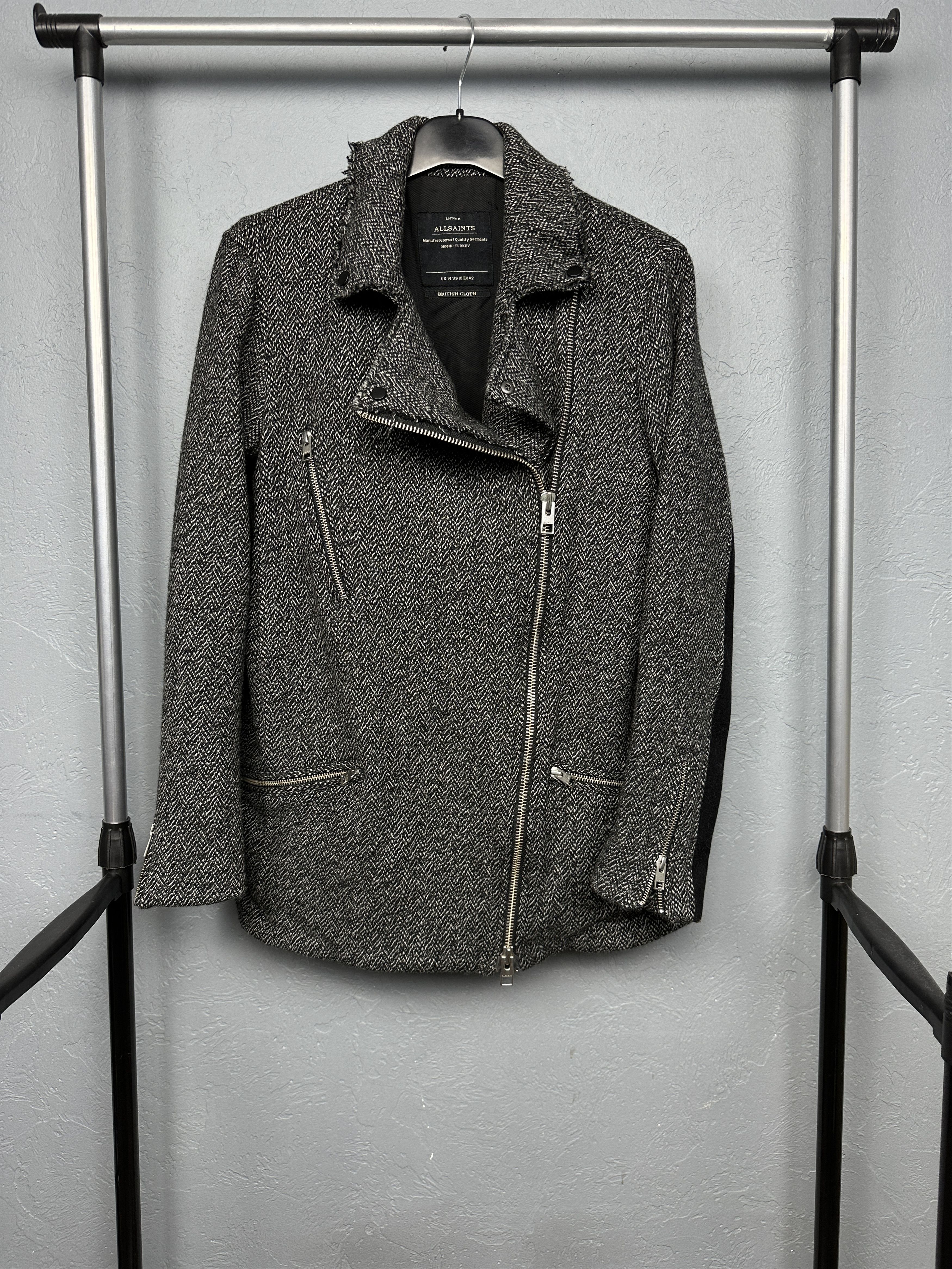 Allsaints Allsaints Womens Sinal Biker Check Wool Coat Jacket Size L / US 10 / IT 46 - 1 Thumbnail