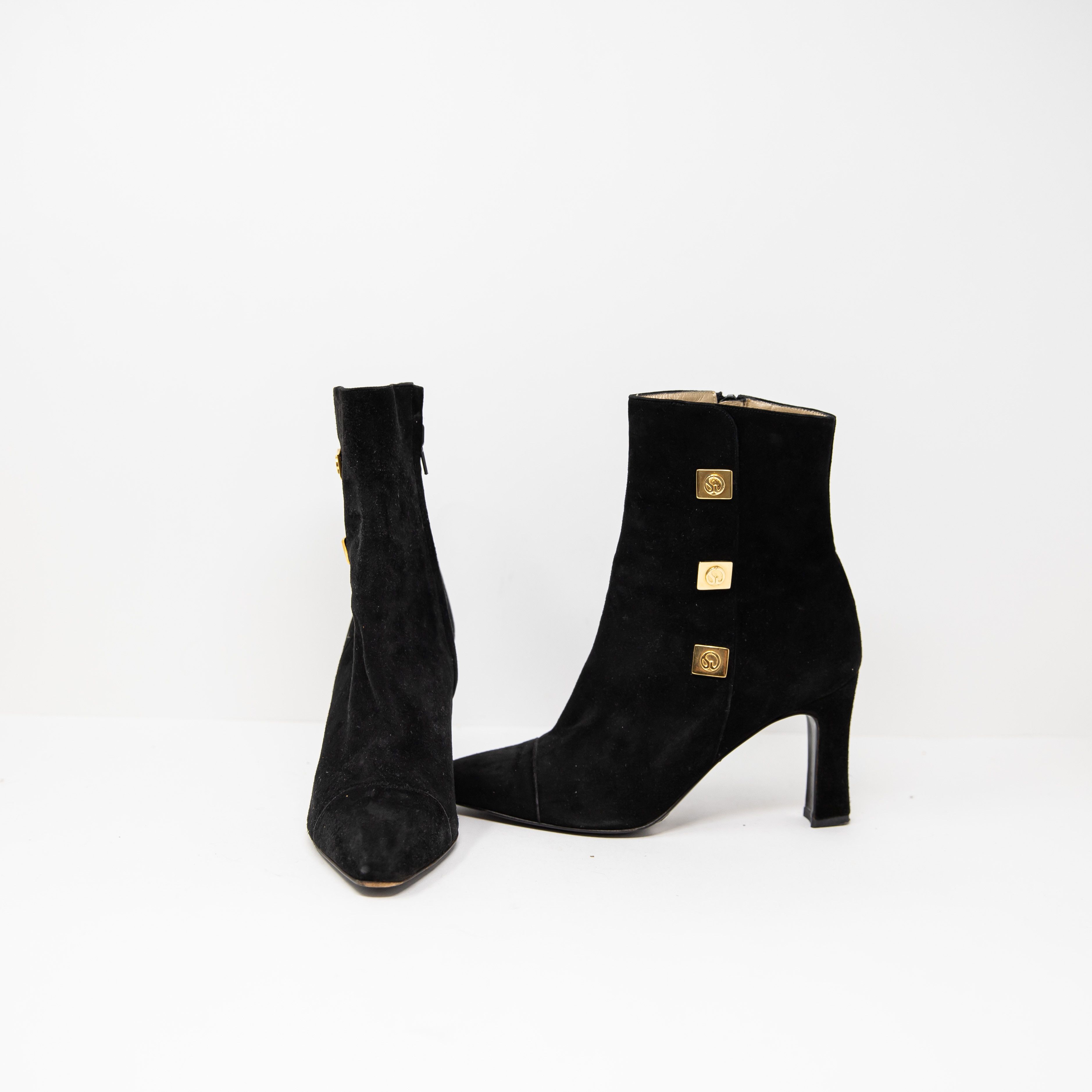 image of St John Couture St. John Genuine Suede Logo Button Detail High Shoes in Black, Women's (Size 6)