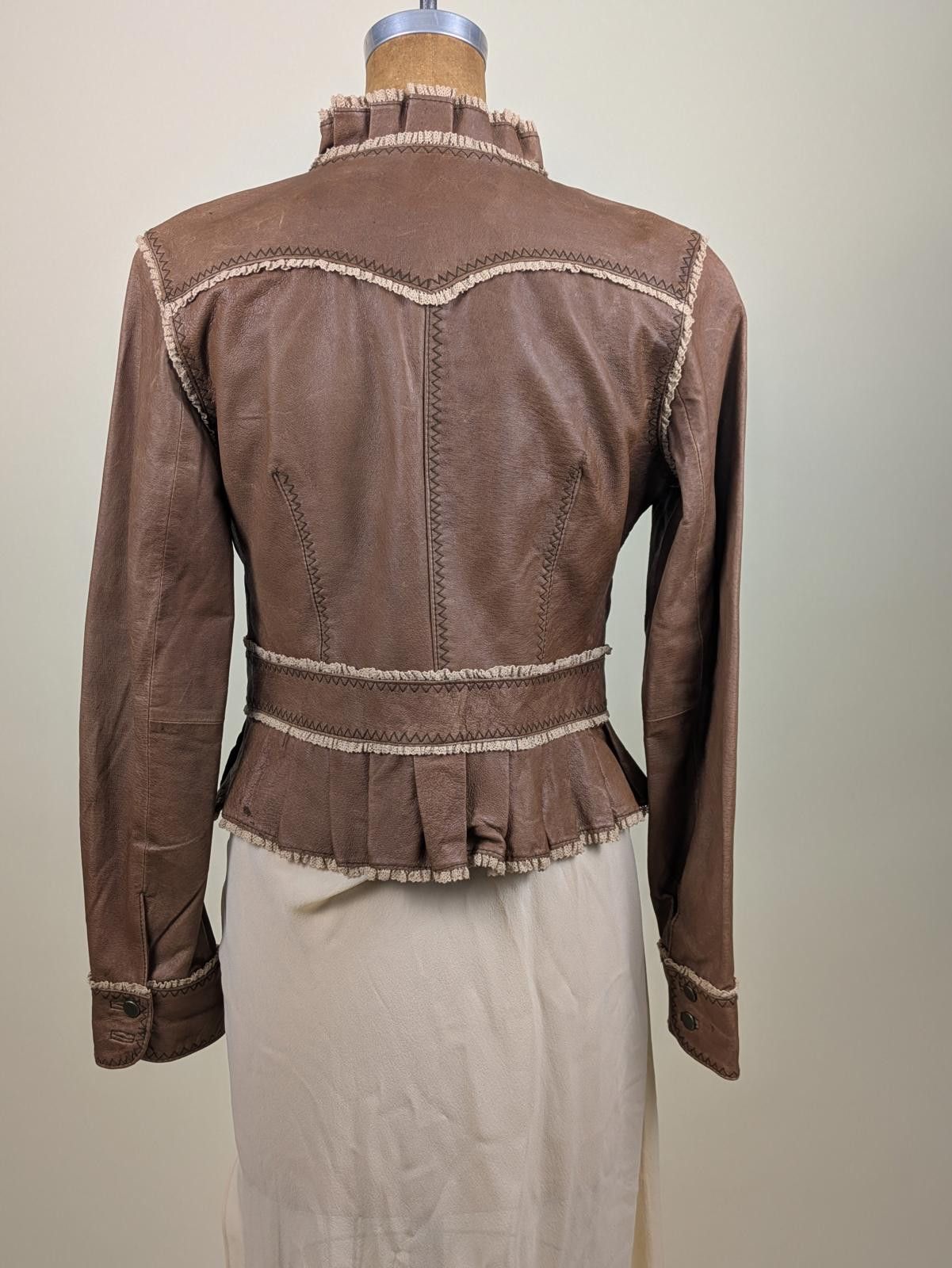 Other 2000's / Y2K brown lace ruffled leather jacket Size S / US 4 / IT 40 - 3 Thumbnail
