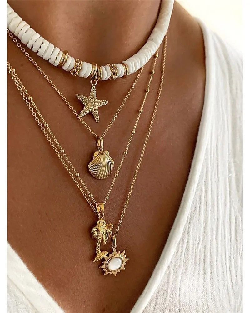 Other Layered multi chain gold tone beach them pendants necklace Size ONE SIZE - 2 Thumbnail