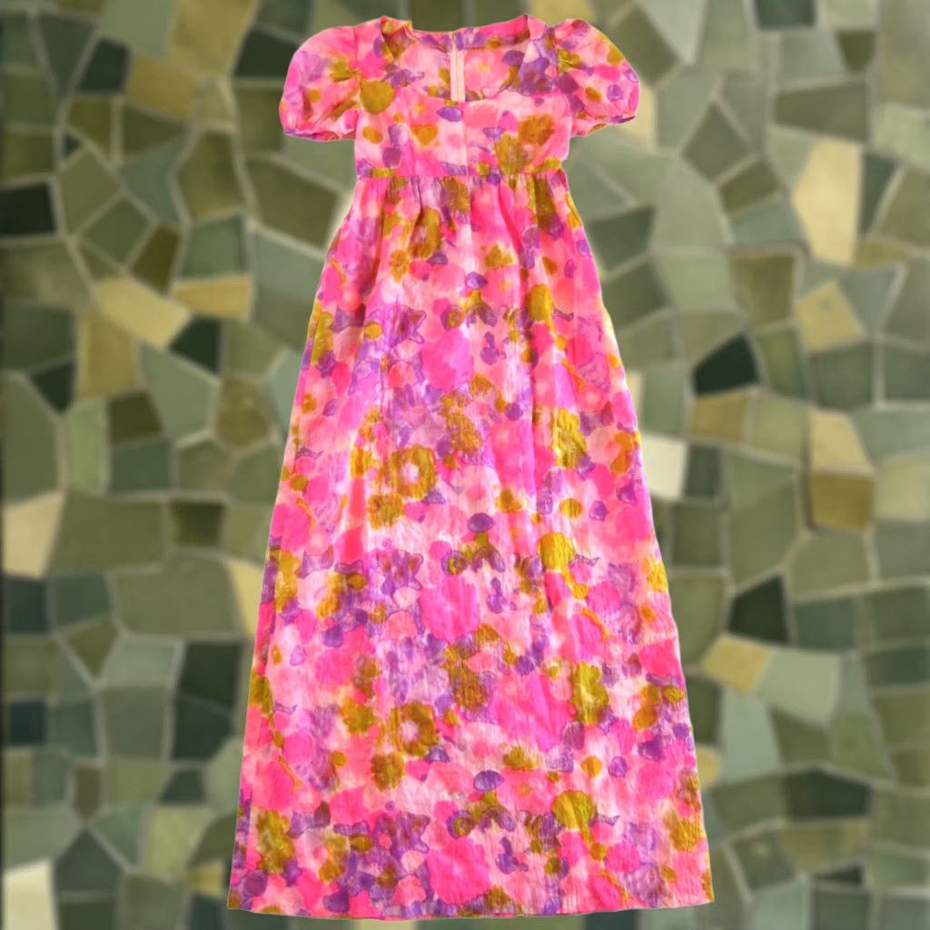 Vintage VINTAGE Handmade Neon Pink Purple Floral Short Sleeve Empire Waist Dress XS Tall Size 26" / US 2 / IT 38 - 1 Thumbnail