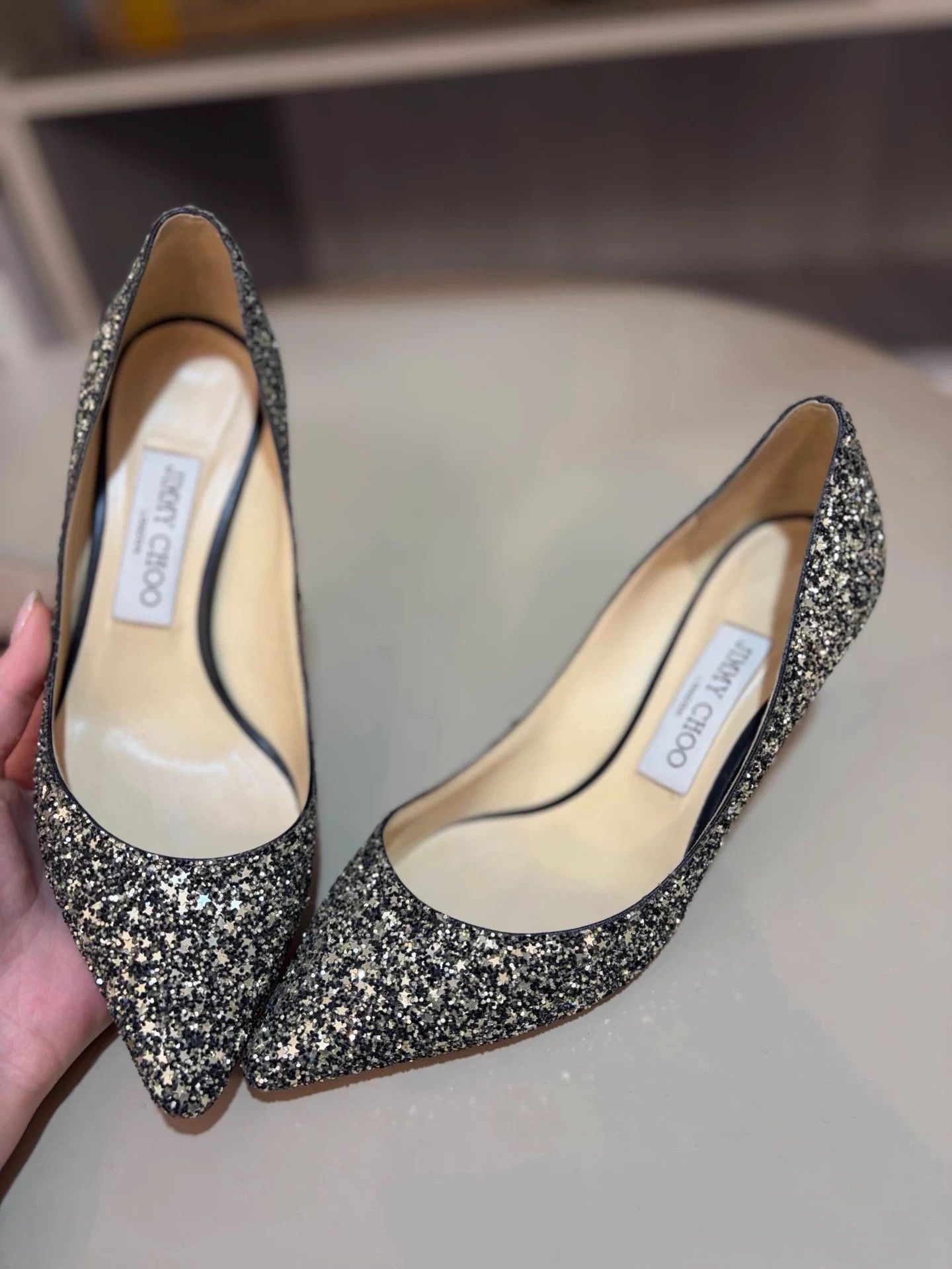 Jimmy Choo black gold star-sequin heels new 37