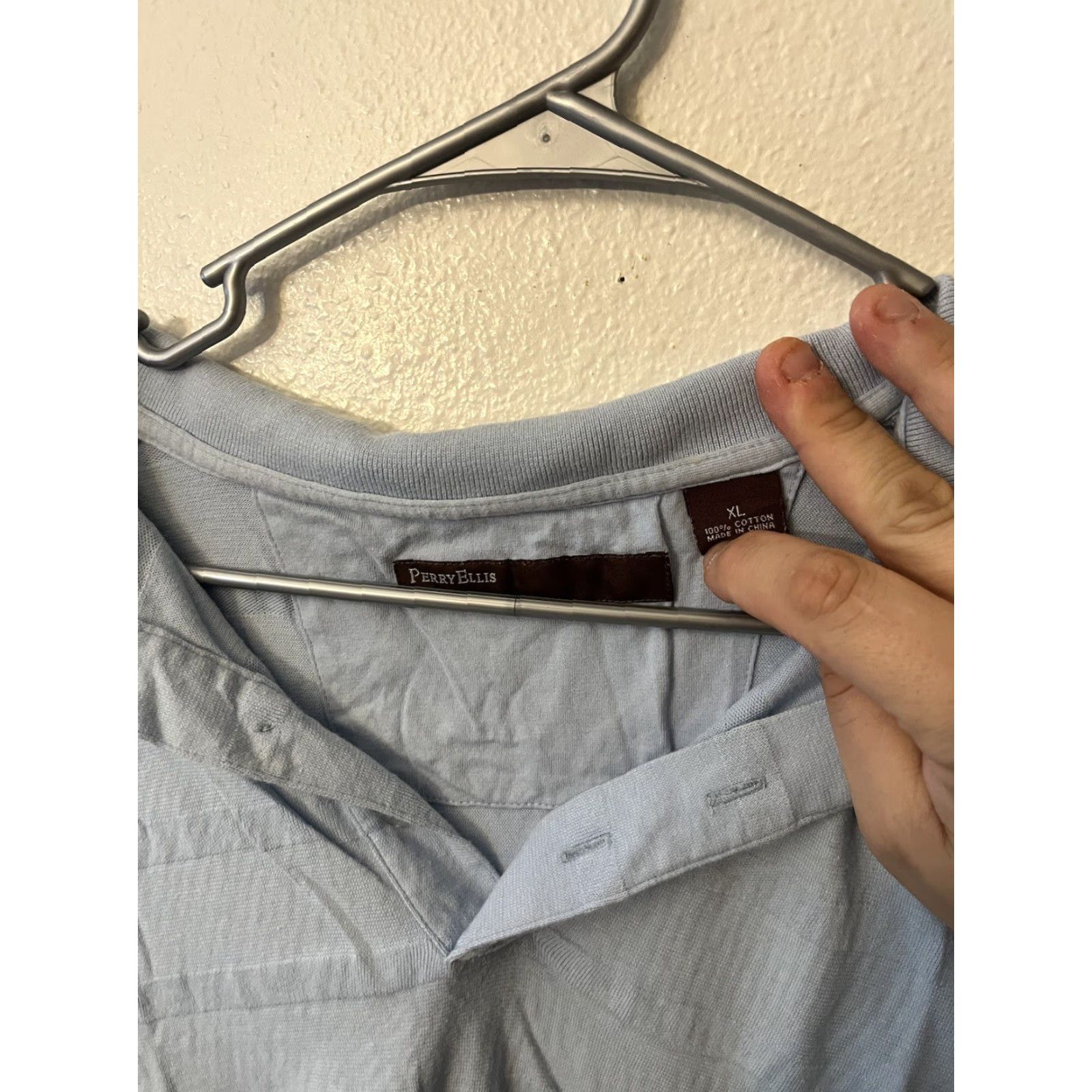Perry Ellis Perry Ellis Polo Shirt Men XL Light Blue Cotton Short Sleeve Button-Down Collar Size US XL / EU 56 / 4 - 3 Thumbnail