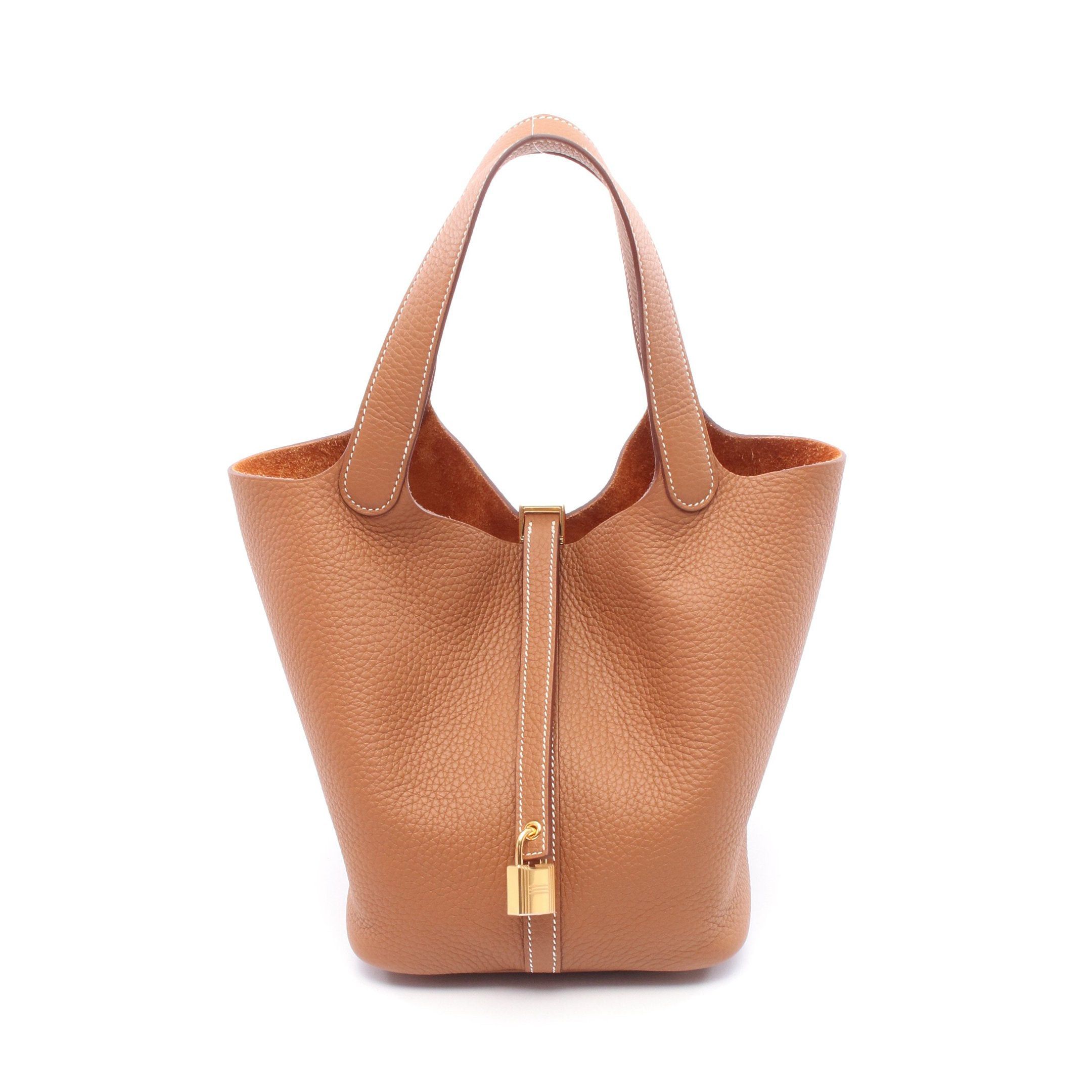 Hermes Picotane Lock Mm Gold Handbag Clemence Leather Brown Hardware Double Engraved