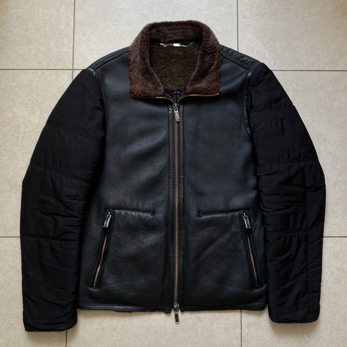 Bikkembergs Leather Nylon Hybrid Shearling Bomber Jacket