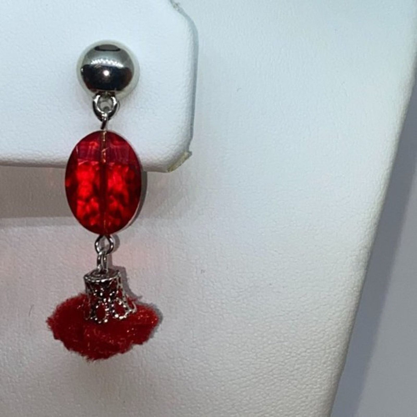Handmade Silver-Tone Red Beaded & Pom-Pom Dangle Earrings Size ONE SIZE - 3 Thumbnail