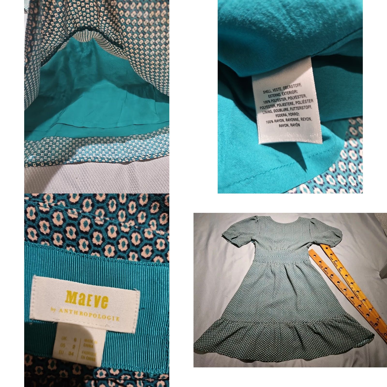 Vintage Maeve Dress Turquoise Green Floral Belted A-Line Short Sleeve V-Neck 2 Purple? Size XS / US 0-2 / IT 36-38 - 8 Thumbnail