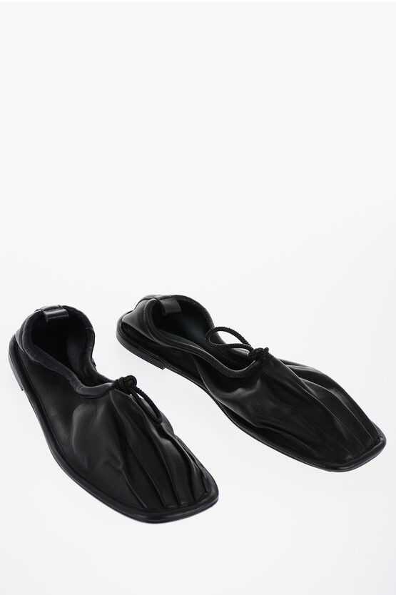 image of Hereu Square Toe Soft Leather Puntera Ballet Flats With Pleated De in Black, Women's (Size 6)