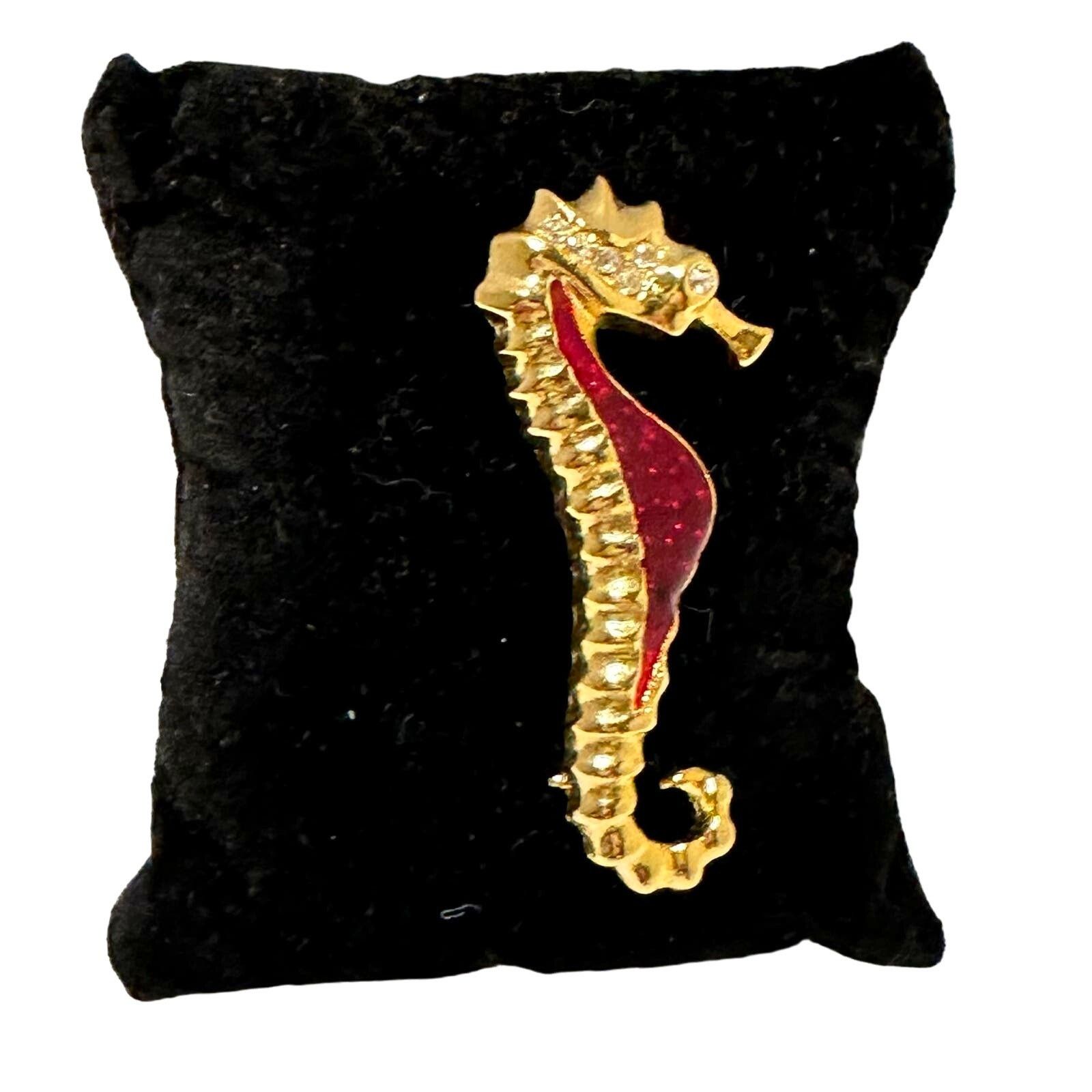 The Unbranded Brand VTG Seahorse Brooch Gold Tone Red Enamel Clear Rhinestones Size ONE SIZE - 1 Thumbnail