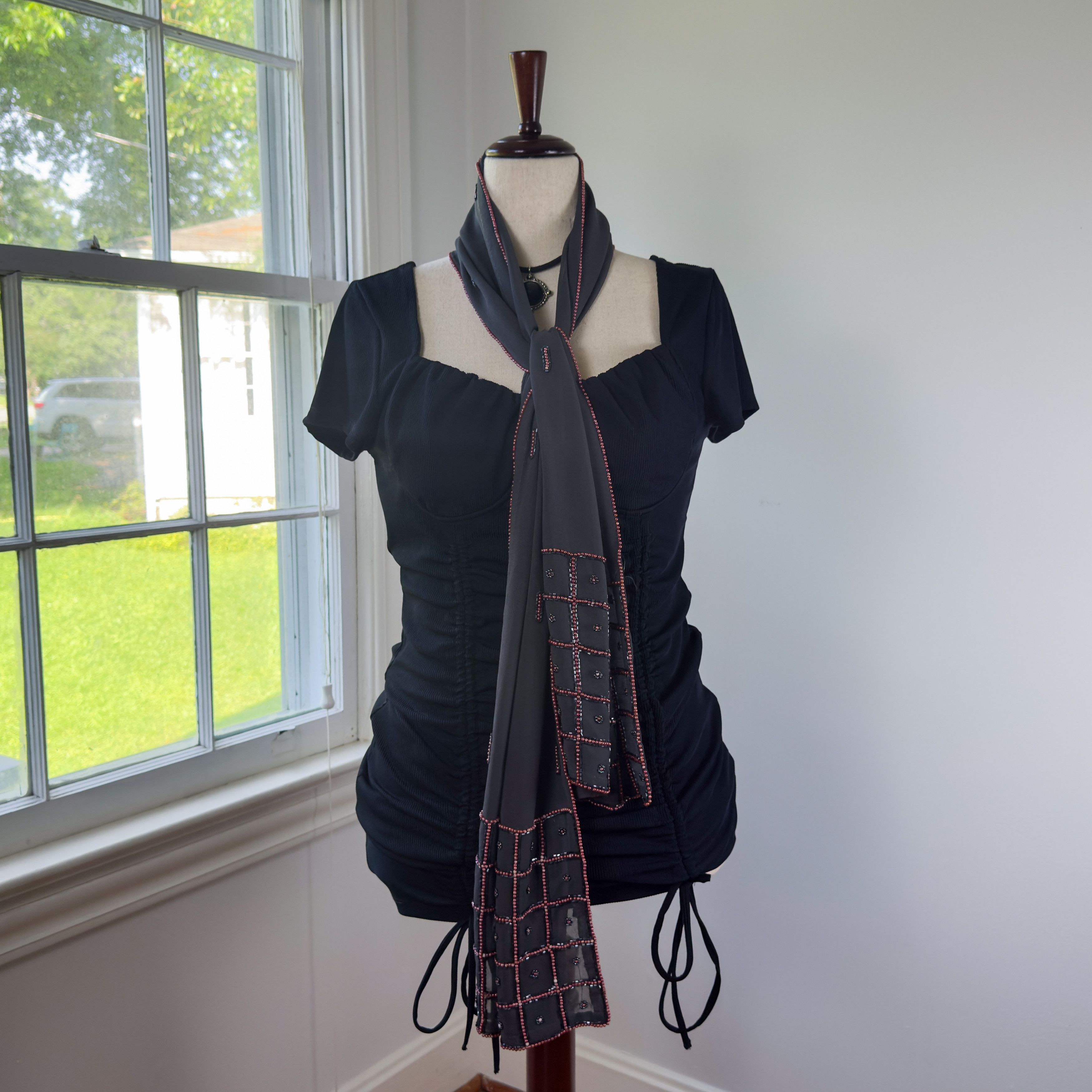 Vintage Vintage Fleurs by Elegant Additions Sheer Gray Scarf Beading Size ONE SIZE - 2 Thumbnail