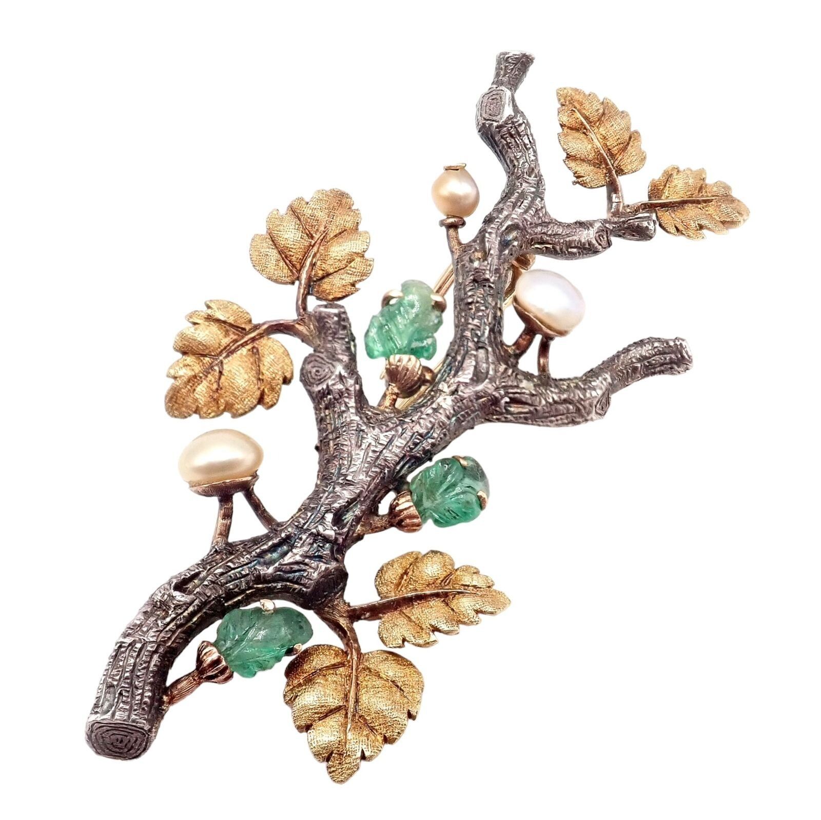 image of Buccellati 18K White Yellow Gold Carved Emerald Branch Twig Brooch Pin, Women's