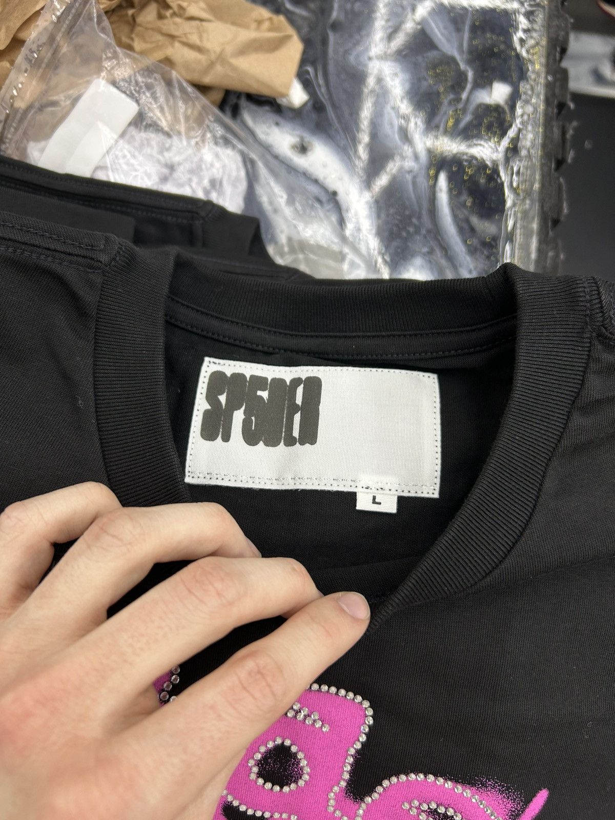 Sp5der Sp5der Rhinestone Scattered Web Tee Black Pink Size L Size US L / EU 52-54 / 3 - 9 Thumbnail