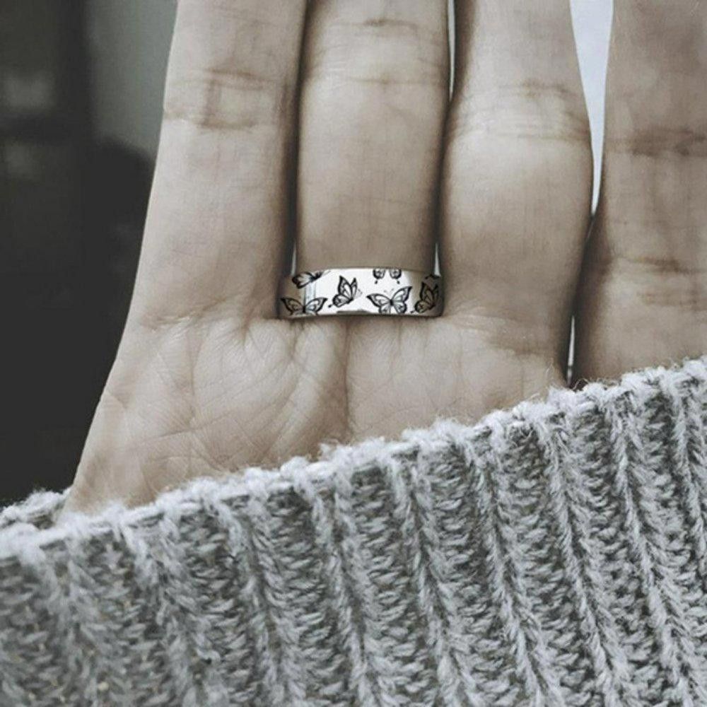 Designer Sterling Silver Butterfly Engraved Daisy Ring - Size 6 Size ONE SIZE - 3 Thumbnail