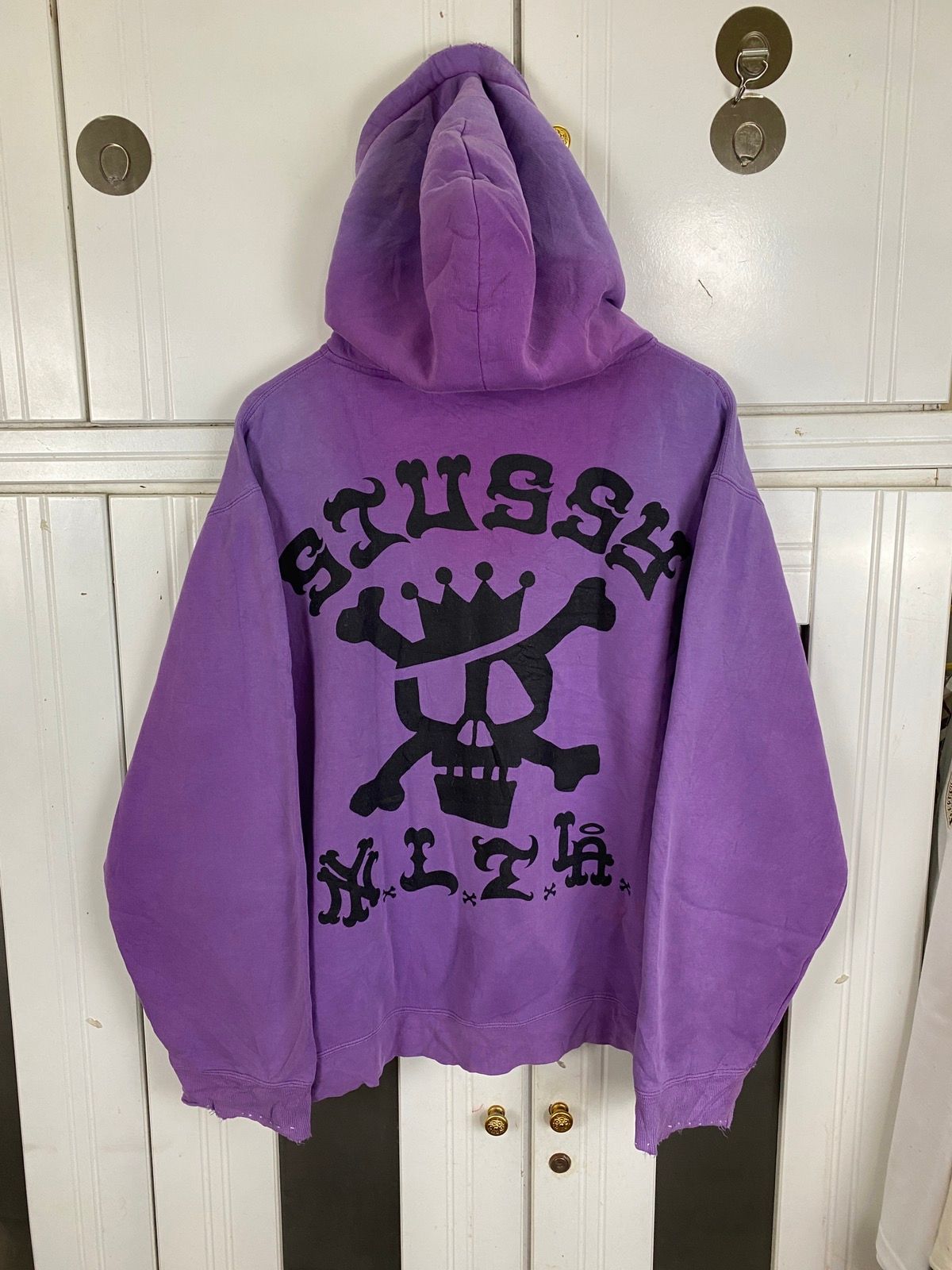 Pre-owned Stussy X Very Rare Rareog Thrashed Stussy Crossbone Nyltla Hoodies In Purple