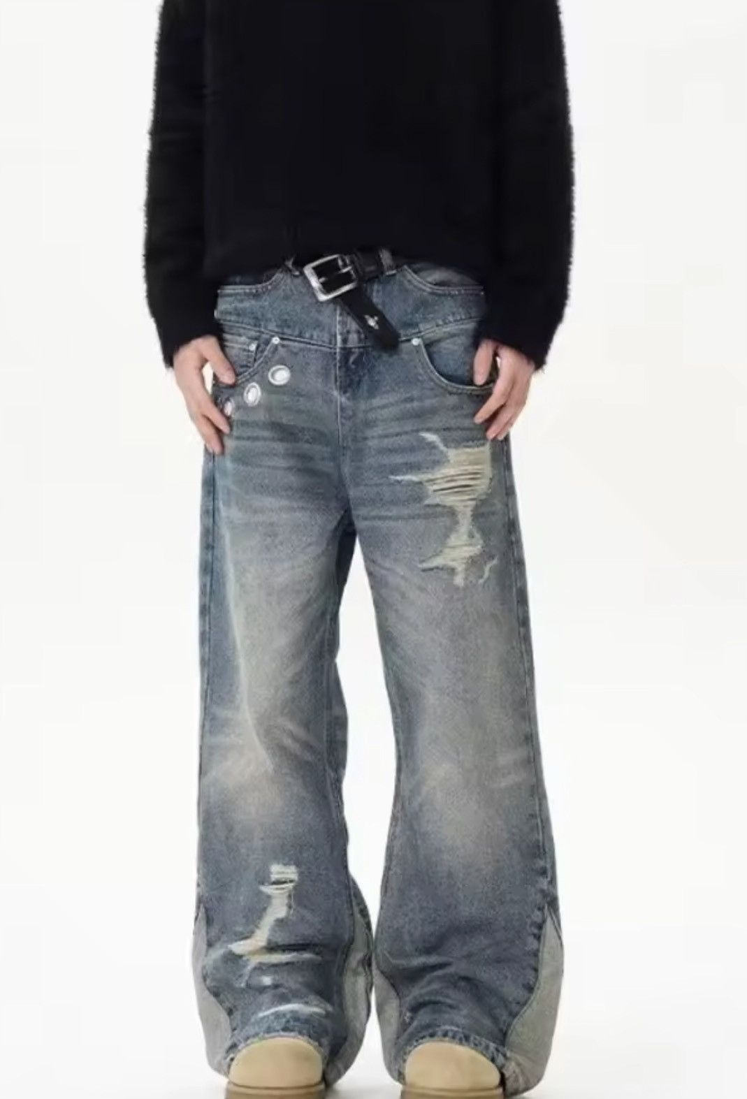 Jean Button Accent Distressed Splicing Flared Jeans Size US 33 - 1 Thumbnail