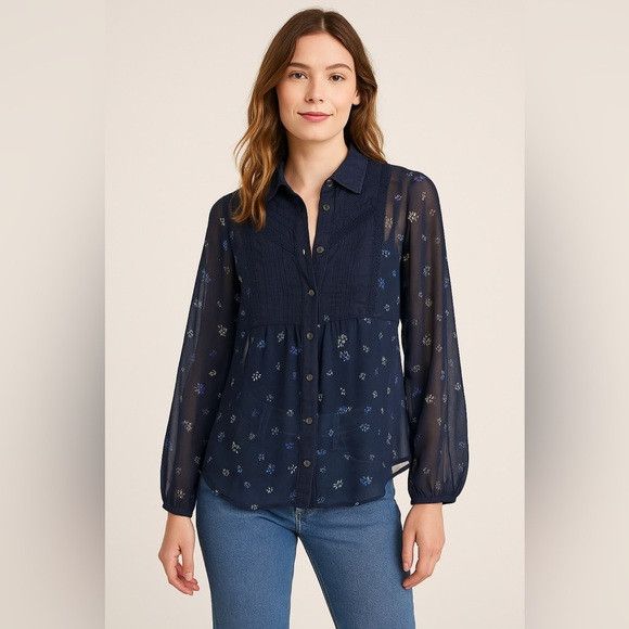 Free People Free People Sheer Navy Floral Button-Down Blouse – Sz M Size M / US 6-8 / IT 42-44 - 1 Thumbnail