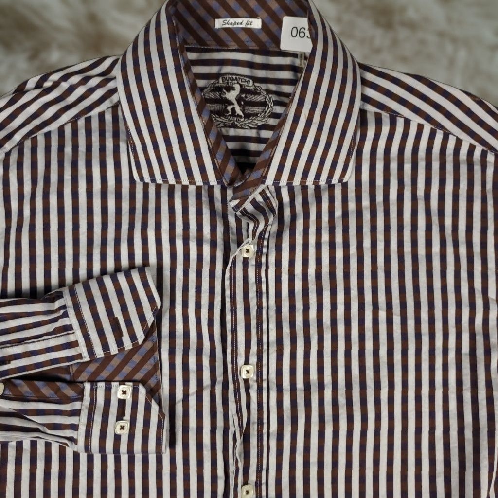 BUGATCHI Bugatchi Uomo Shirt Men’s XL Brown Blue Striped Button-Up Long Sleeve Classic Fit Size US XL / EU 56 / 4 - 1 Thumbnail