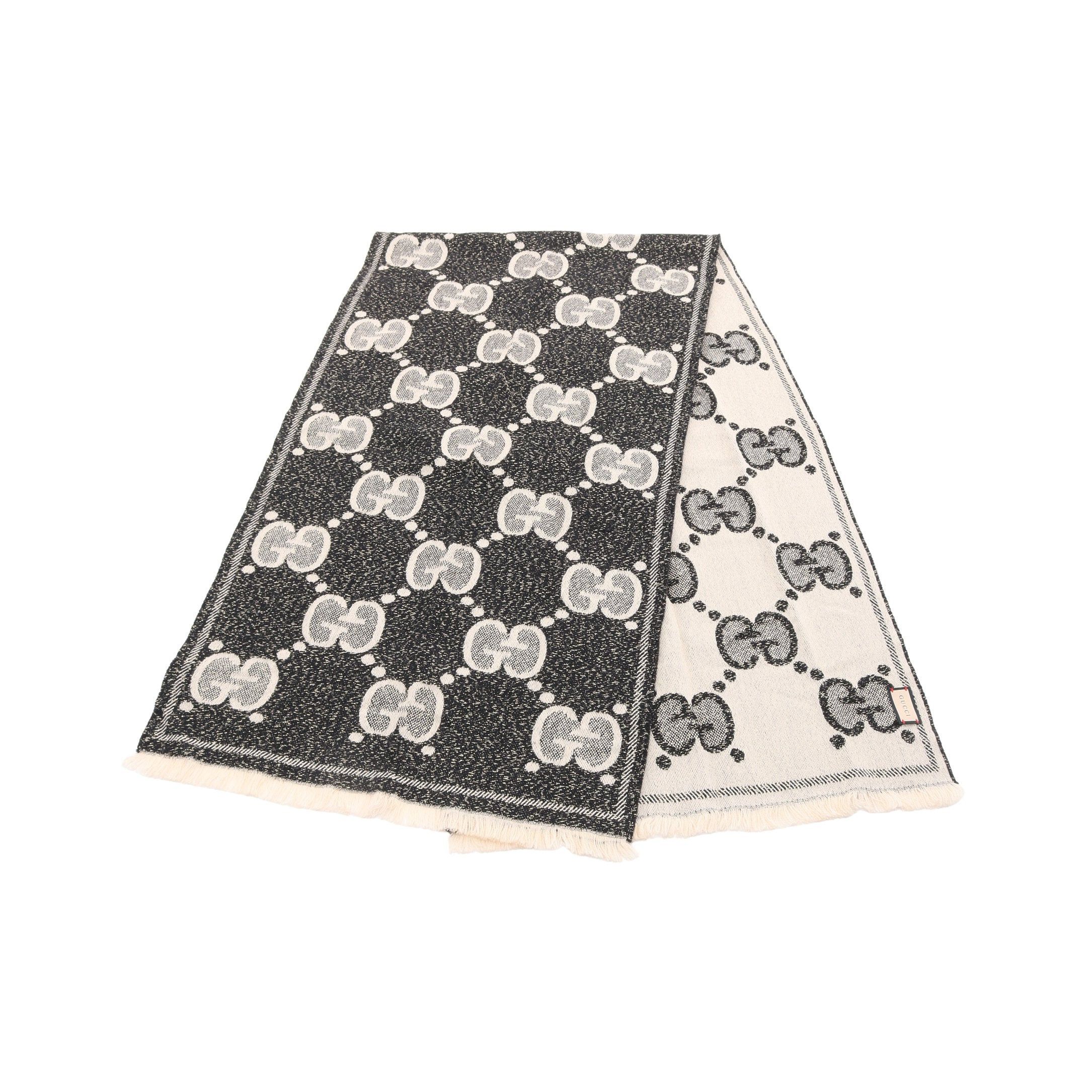 Gucci Gucci Gg Wool Rame Jacquard Scarf Black Beige Size ONE SIZE - 1 Thumbnail