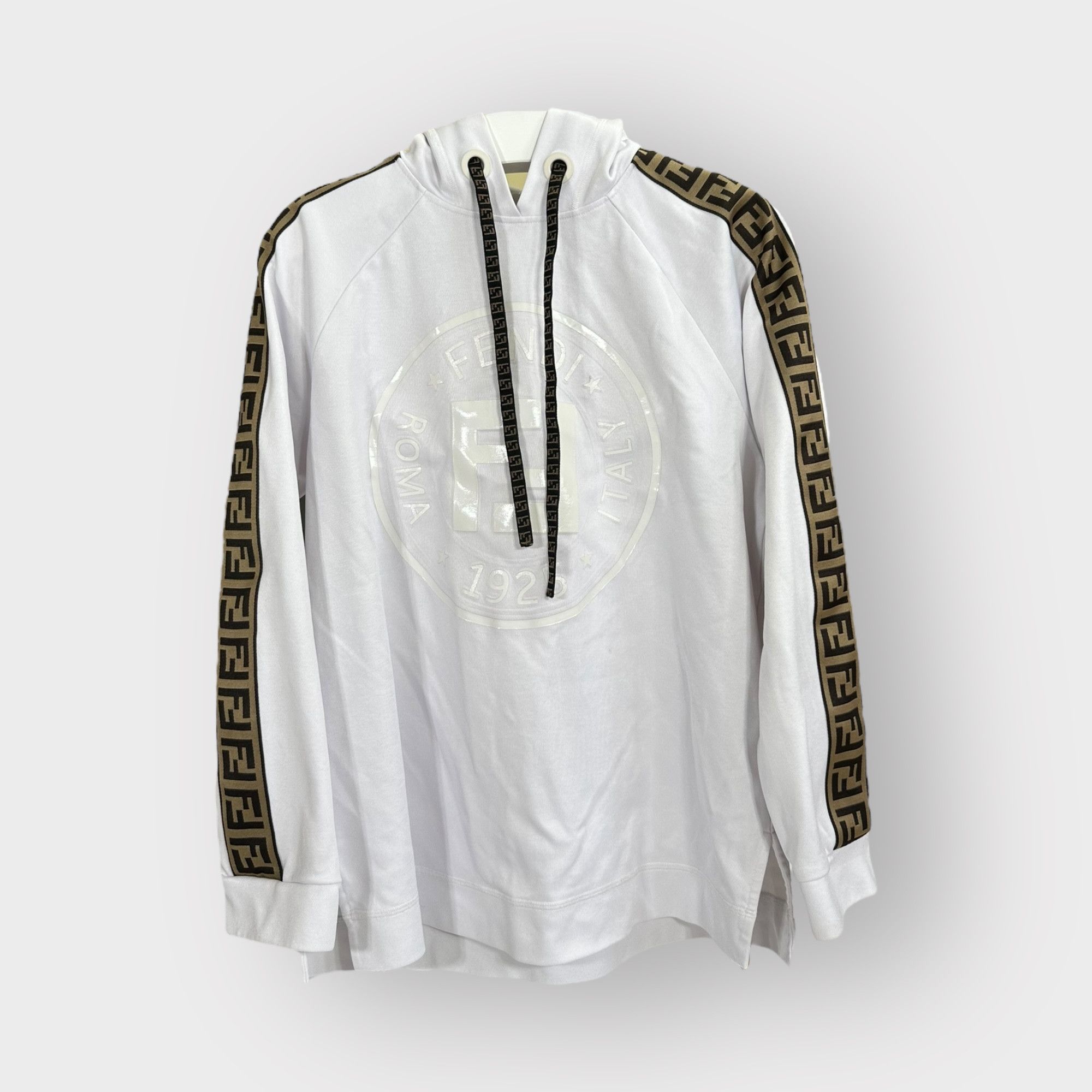 image of Fendi Sweatshirt Monogram Stripes And Logo White Hoodie in Offwhite, Women's (Size Small)