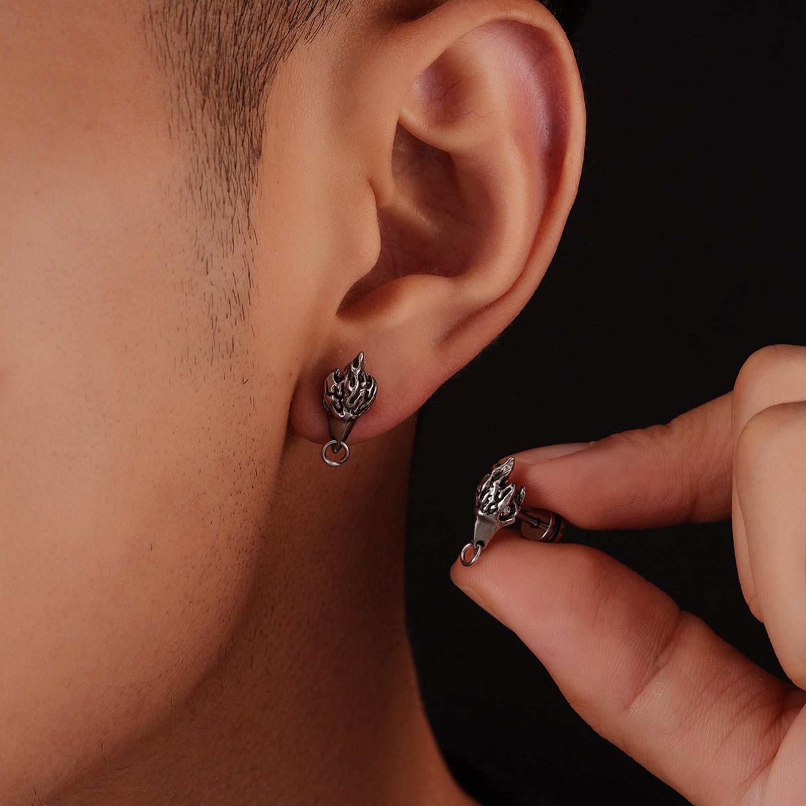 Jewelry Silver Flame Stud Earrings, Men's Gothic Accessories Size ONE SIZE - 1 Thumbnail