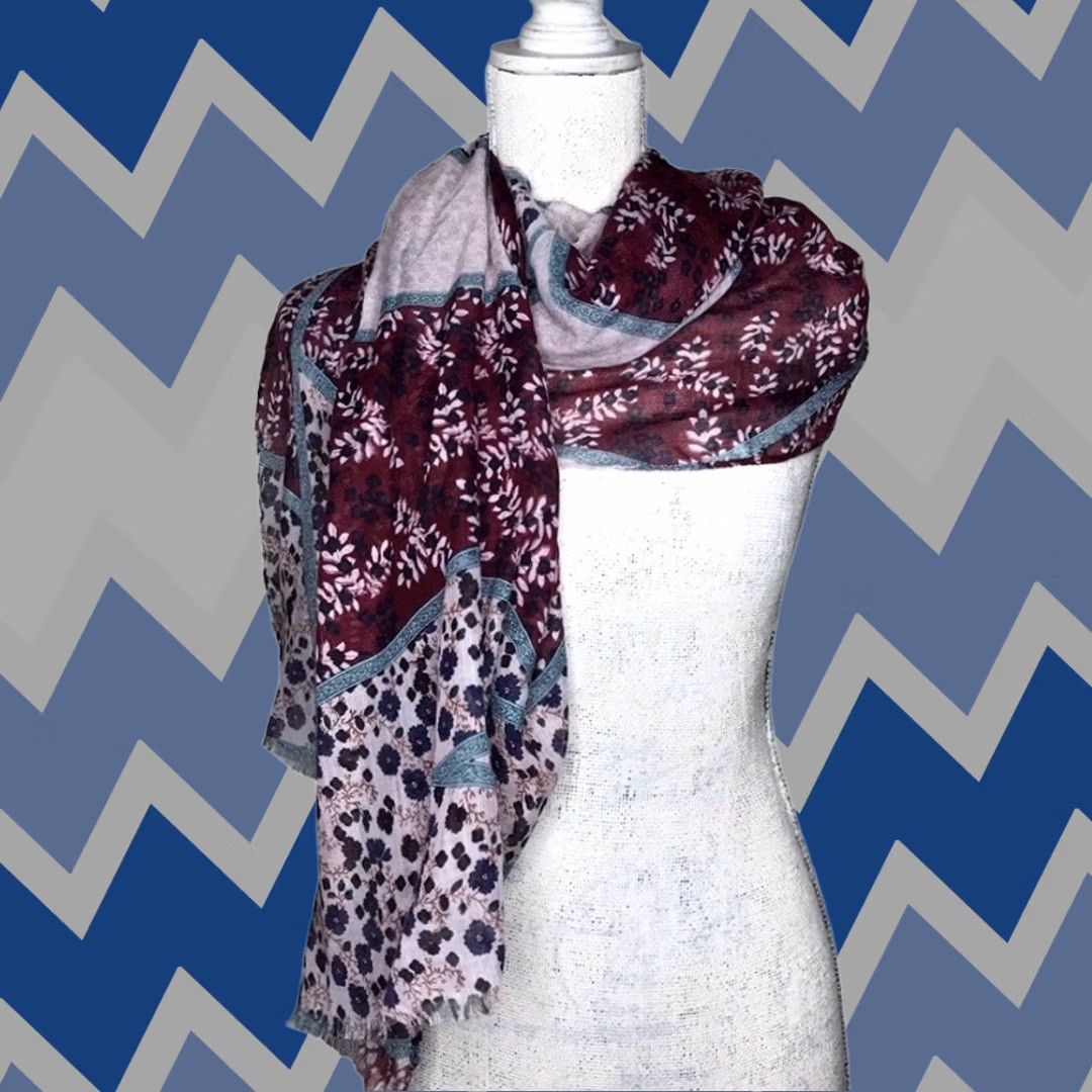 Vintage Lulla Collection by Bindya Scarf Wrap Multi Wear Women's Burgundy Floral Boho Rectangle Scarf Silk Polyester Fringe 70x32 Adult Womens Size ONE SIZE - 1 Thumbnail