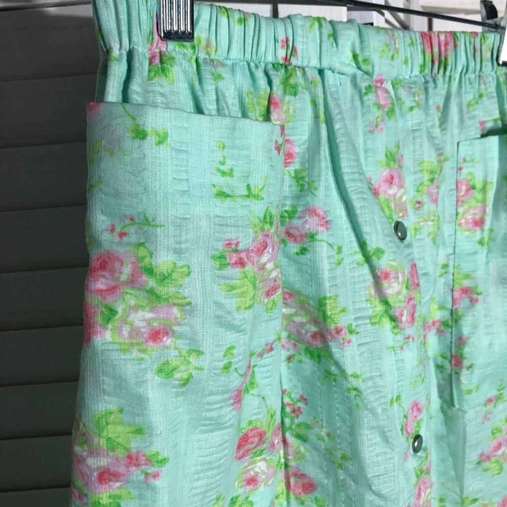 Vintage 90s Midi Skirt Boho Cottage Floral Cotton Green/Pink S/M Size 24" / US 00 / IT 34 - 3 Thumbnail