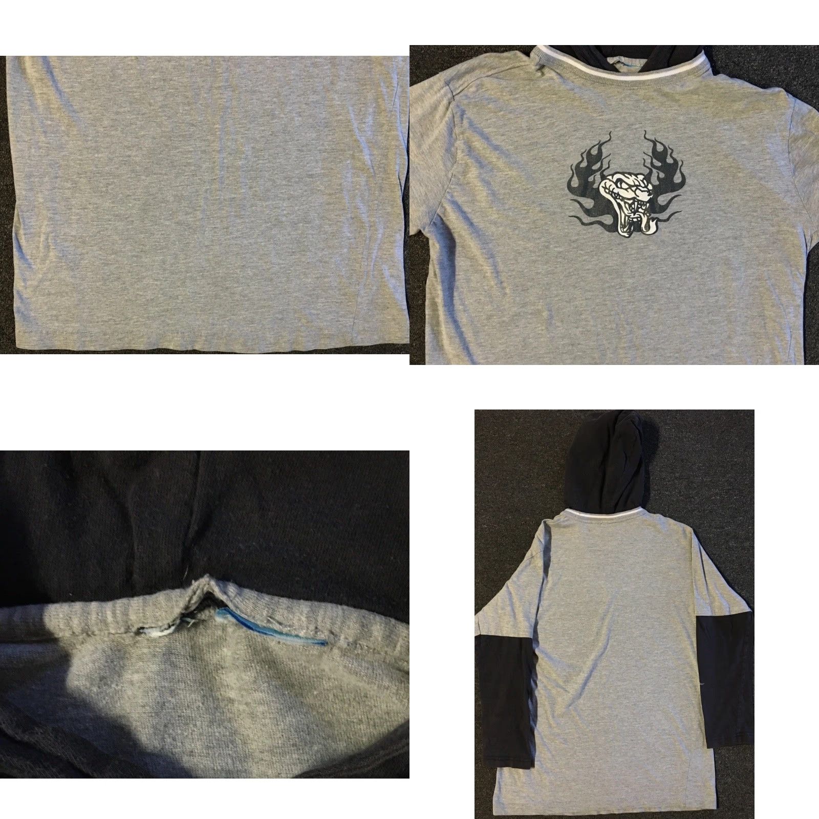 JNCO VINTAGE Snake Flames Hooded Shirt M Gray Long Sleeve T-Shirt Men Size M Grunge Emo 90s Y2K Fire Surf Skate Harley Punk Rock Beach California USA Size US M / EU 48-50 / 2 - 8 Thumbnail