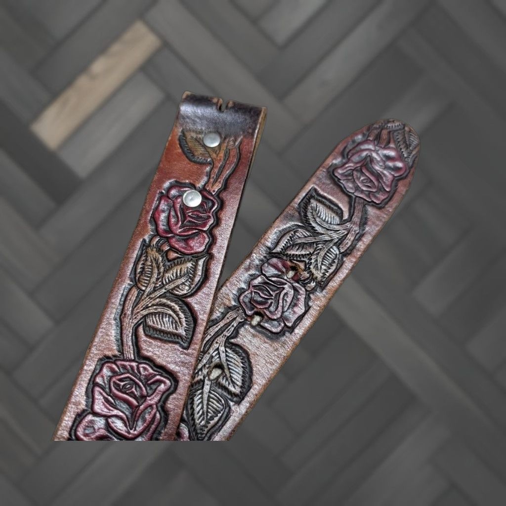 Vintage VINTAGE leather belt ROSES tooled Western belt floral buckle 30 brown Mens Accessories Size 30 - 1 Thumbnail