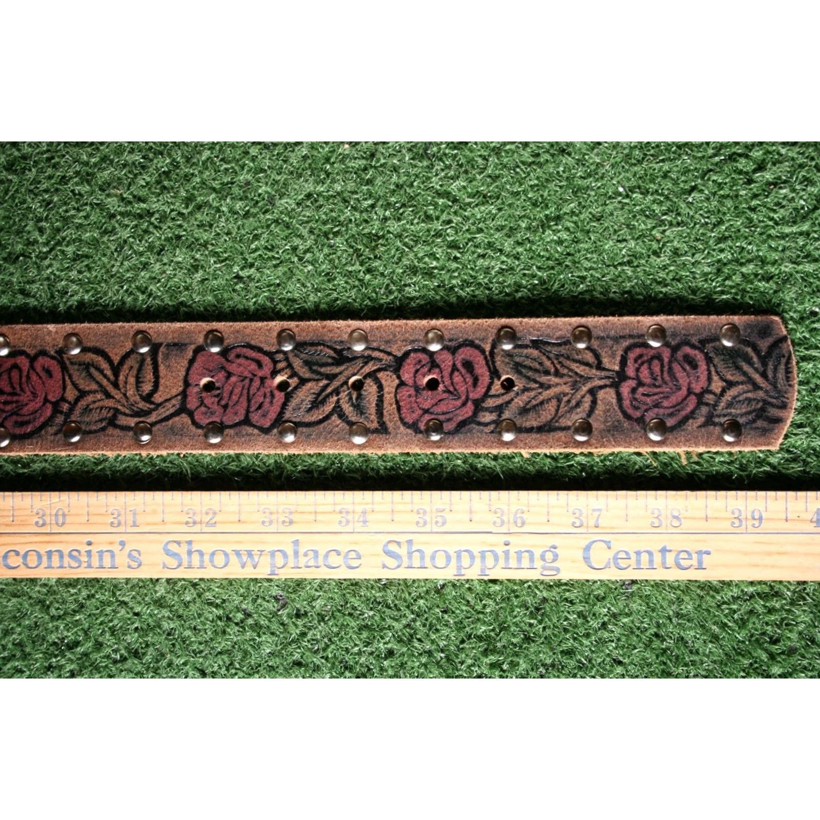 Vintage Floral Embossed Studded Leather Belt w/Attached Buckle Women's Sz. M (32-34) Brown Leather Belt Women Medium Floral Studded Belt Size ONE SIZE - 4 Thumbnail