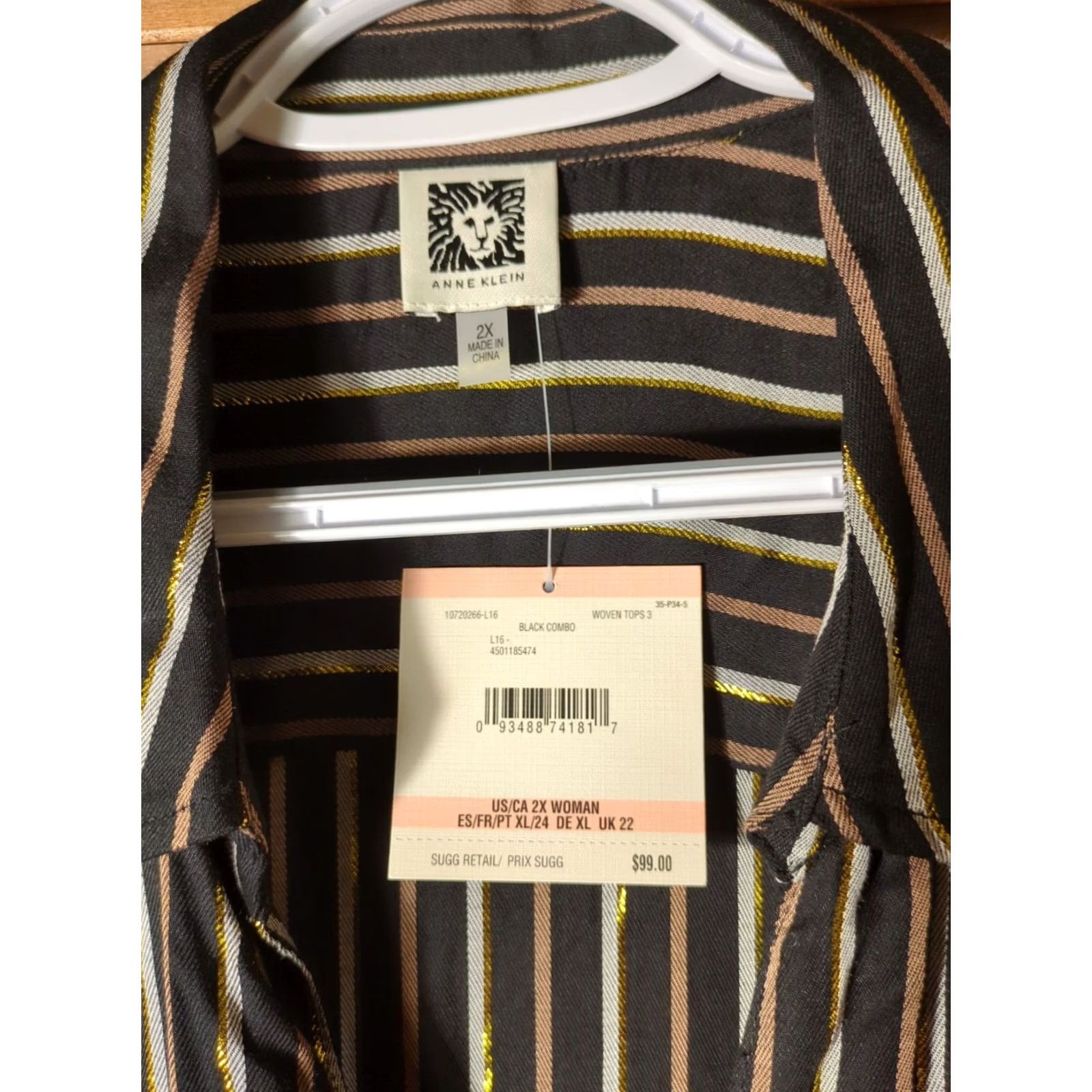 Anne Klein Anne Klein Blouse 3/4 Sleeve Full Zip Striped Multicolor Gold Accents NWT Plus 2XL Women’s Shirt Size XXL / US 16-18 / IT 52-54 - 3 Thumbnail